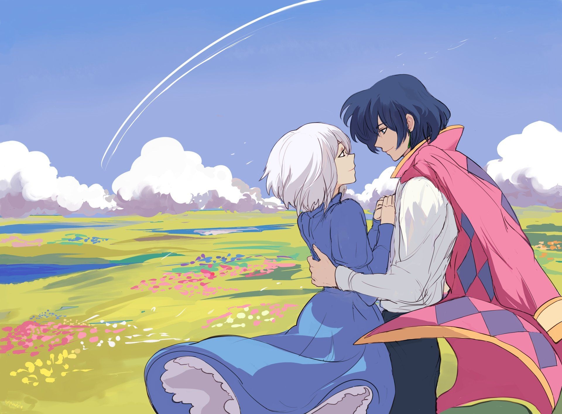 Sophie and Howl embrace, Flower meadow, Blue sky shooting star Sophie and Howl embrace, Flower meadow, Blue sky shooting star — 1920×1416 HD wallpaper