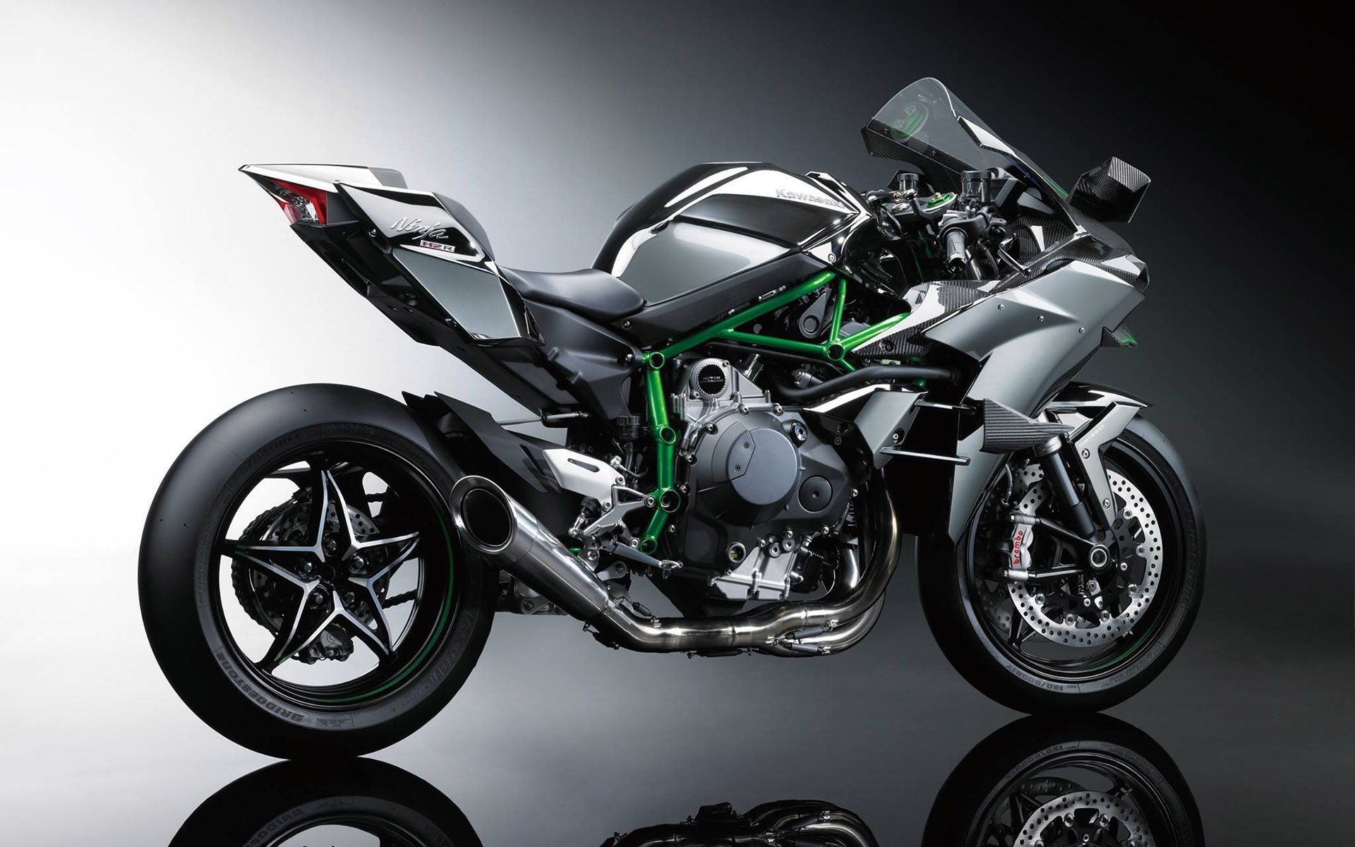 Kawasaki Ninja H2R, Full side profile studio, Reflective black floor Kawasaki Ninja H2R, Full side profile studio, Reflective black floor — 1920×1200 HD wallpaper