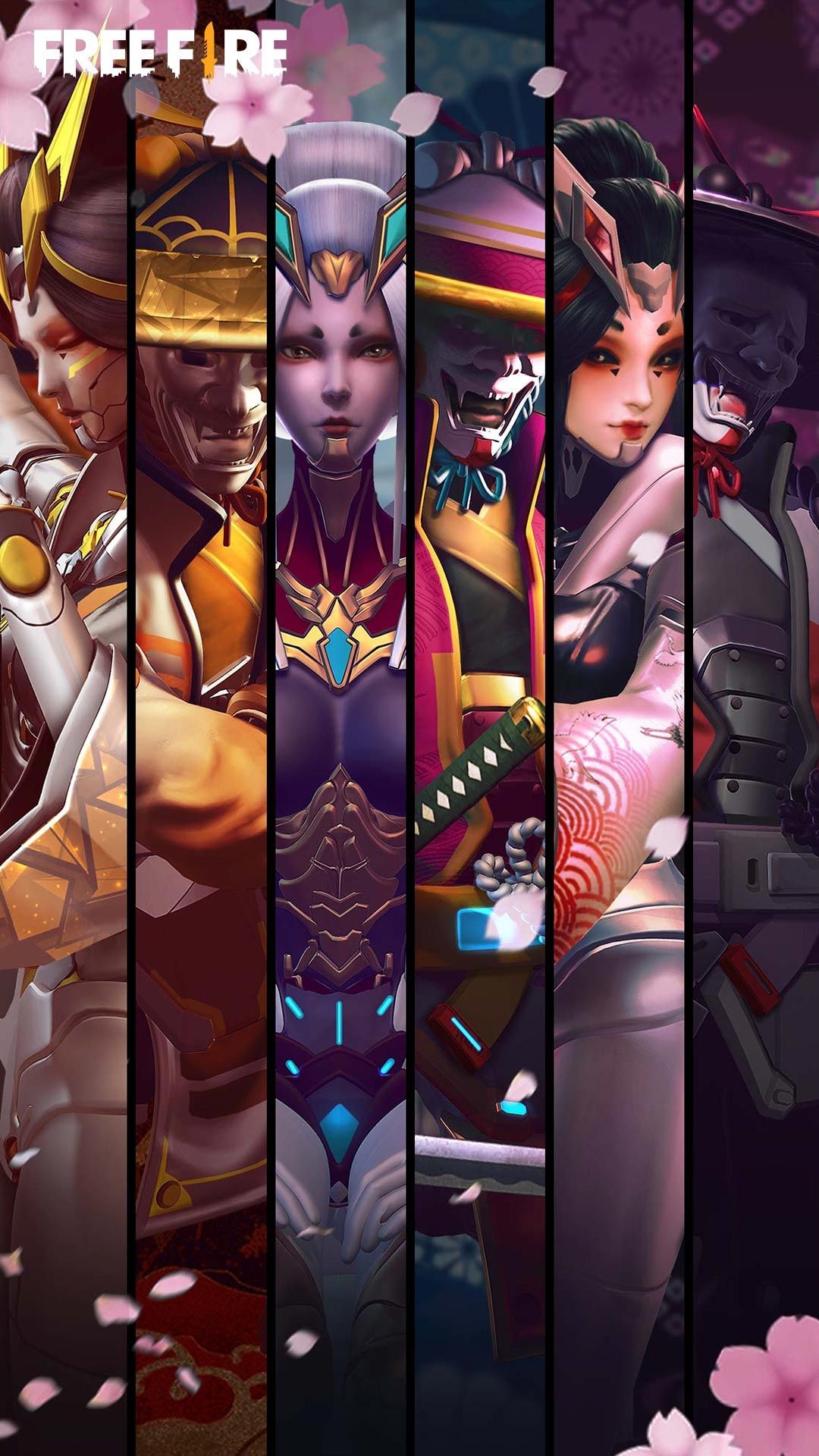 Free Fire samurai skins collage, Oriental warrior lineup, Cherry blossom petals Free Fire samurai skins collage, Oriental warrior lineup, Cherry blossom petals — 1080×1920 HD wallpaper