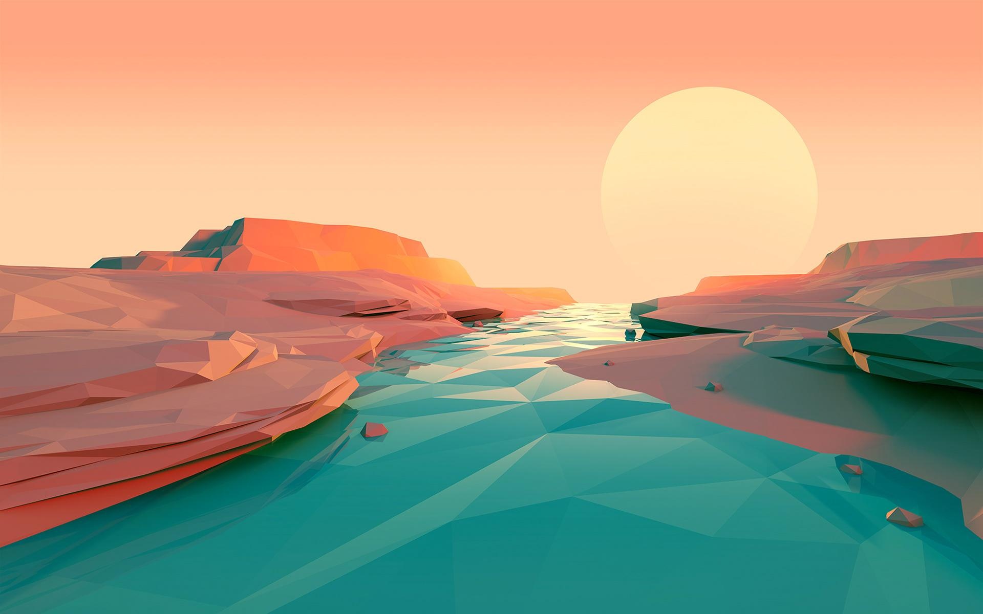 Low-poly river canyon, Setting sun horizon, Teal and peach palette Low-poly river canyon, Setting sun horizon, Teal and peach palette — 1920×1200 HD wallpaper