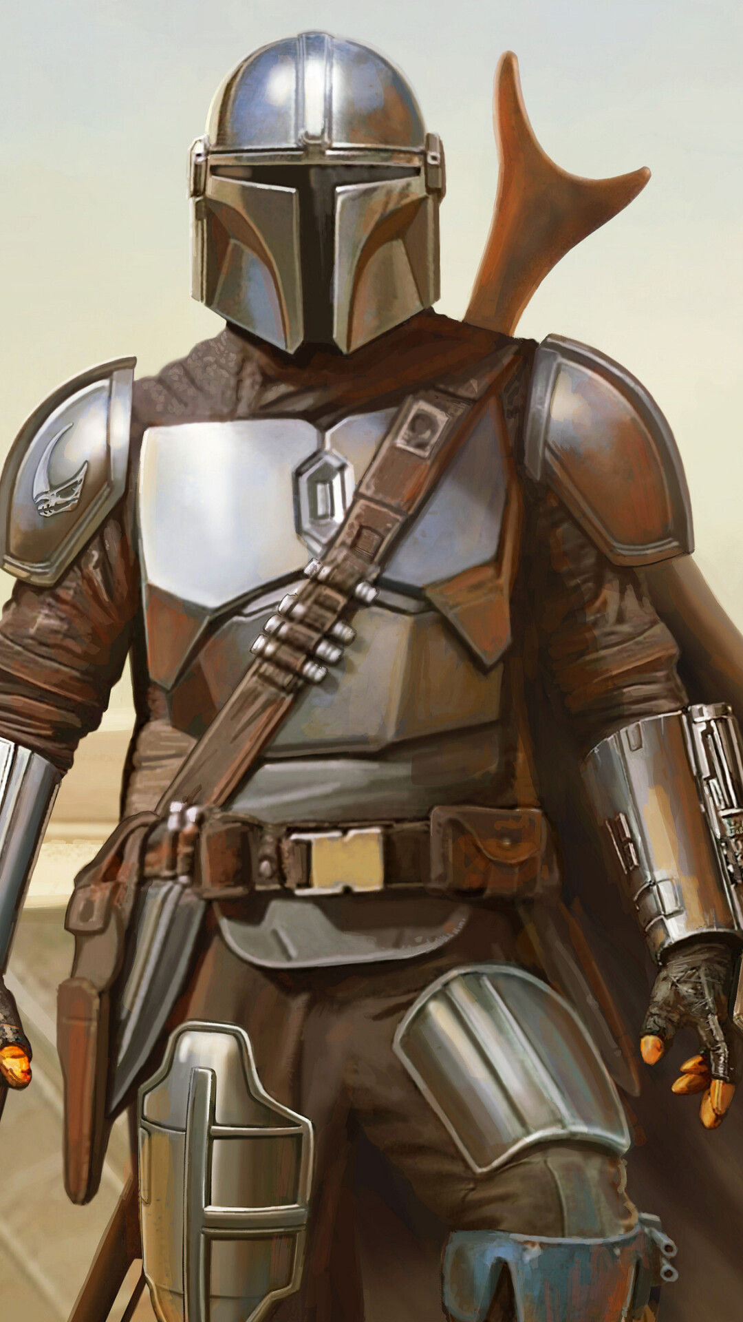 Din Djarin, Beskar armor helmet, Tatooine desert landscape Din Djarin, Beskar armor helmet, Tatooine desert landscape — 1080×1920 HD wallpaper