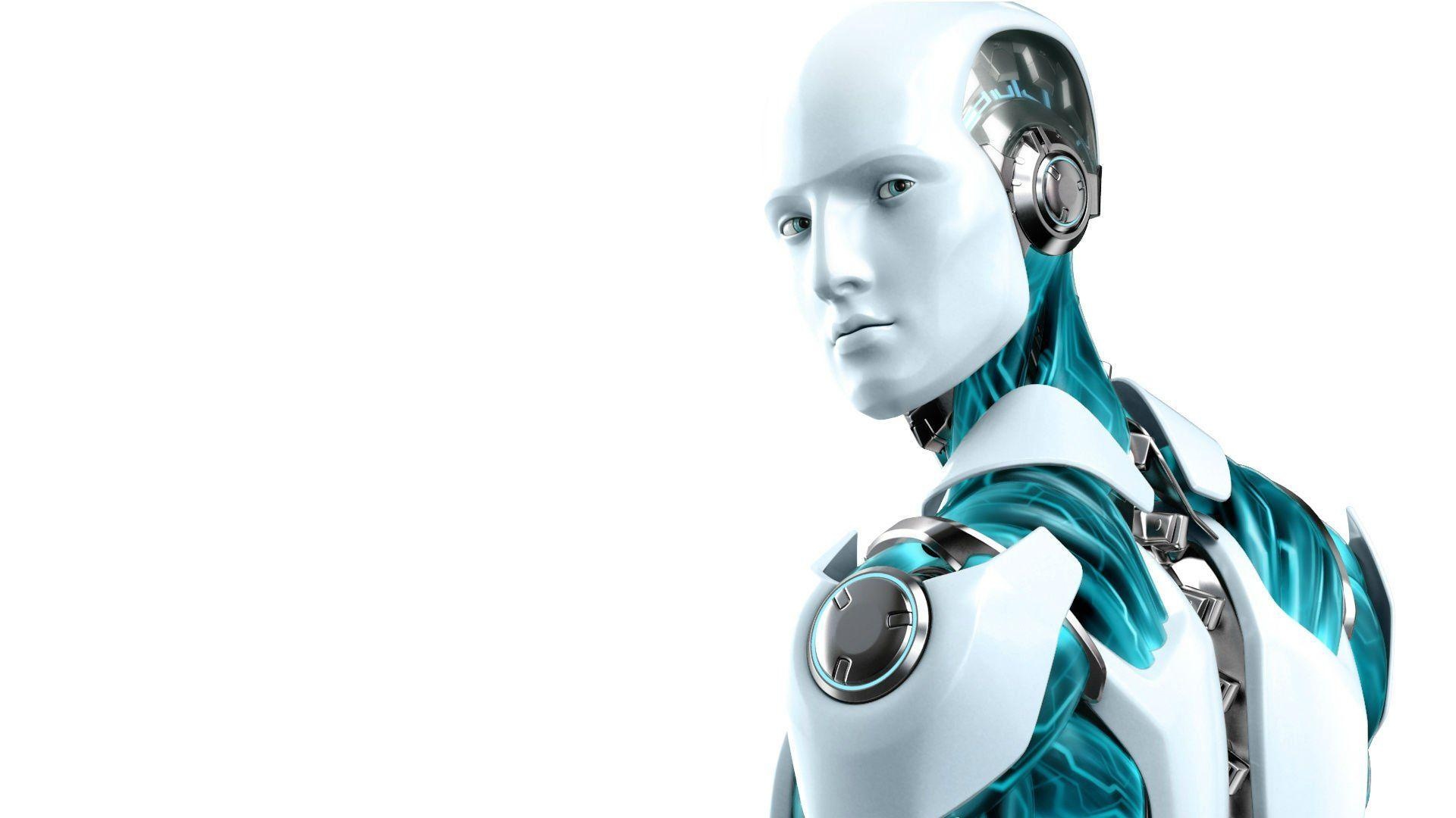ESET android mascot, White humanoid robot, Cyan glowing circuitry ESET android mascot, White humanoid robot, Cyan glowing circuitry — 1920×1080 HD wallpaper