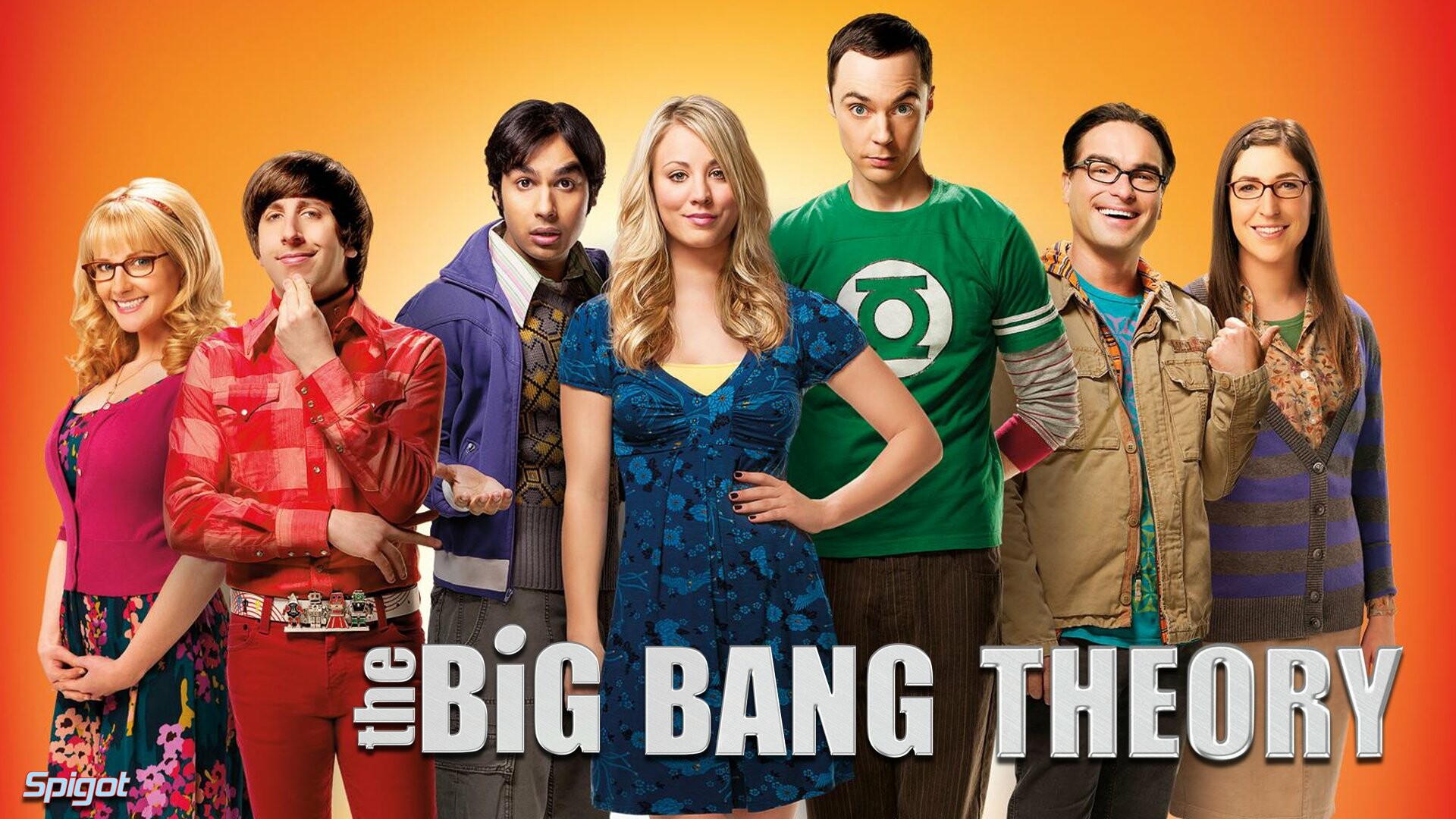 Sheldon Green Lantern shirt, Penny Leonard Howard, Raj Bernadette Amy, Orange cast group portrait Sheldon Green Lantern shirt, Penny Leonard Howard, Raj Bernadette Amy, Orange cast group portrait — 1920×1080 HD wallpaper