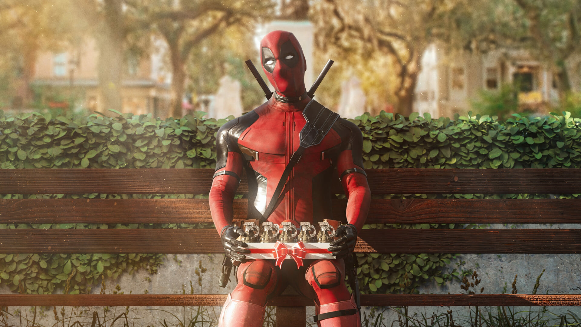 Deadpool & Wolverine (2024), Sitting on park bench, Ribboned gift tray Deadpool & Wolverine (2024), Sitting on park bench, Ribboned gift tray — 1920×1080 HD wallpaper