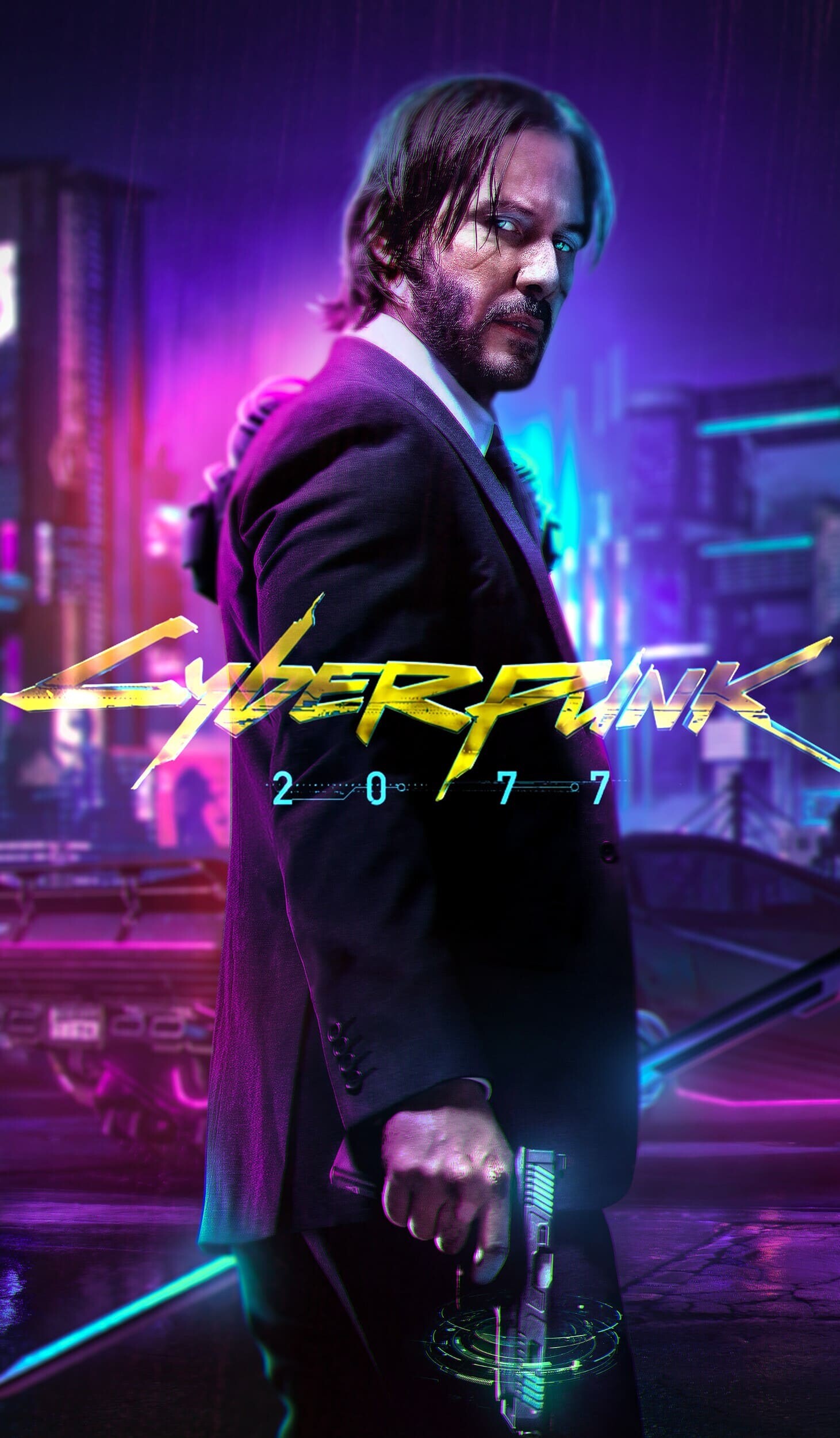 Keanu Reeves in suit, John Wick pose, Cyberpunk 2077 logo Keanu Reeves in suit, John Wick pose, Cyberpunk 2077 logo — 1461×2500 HD wallpaper