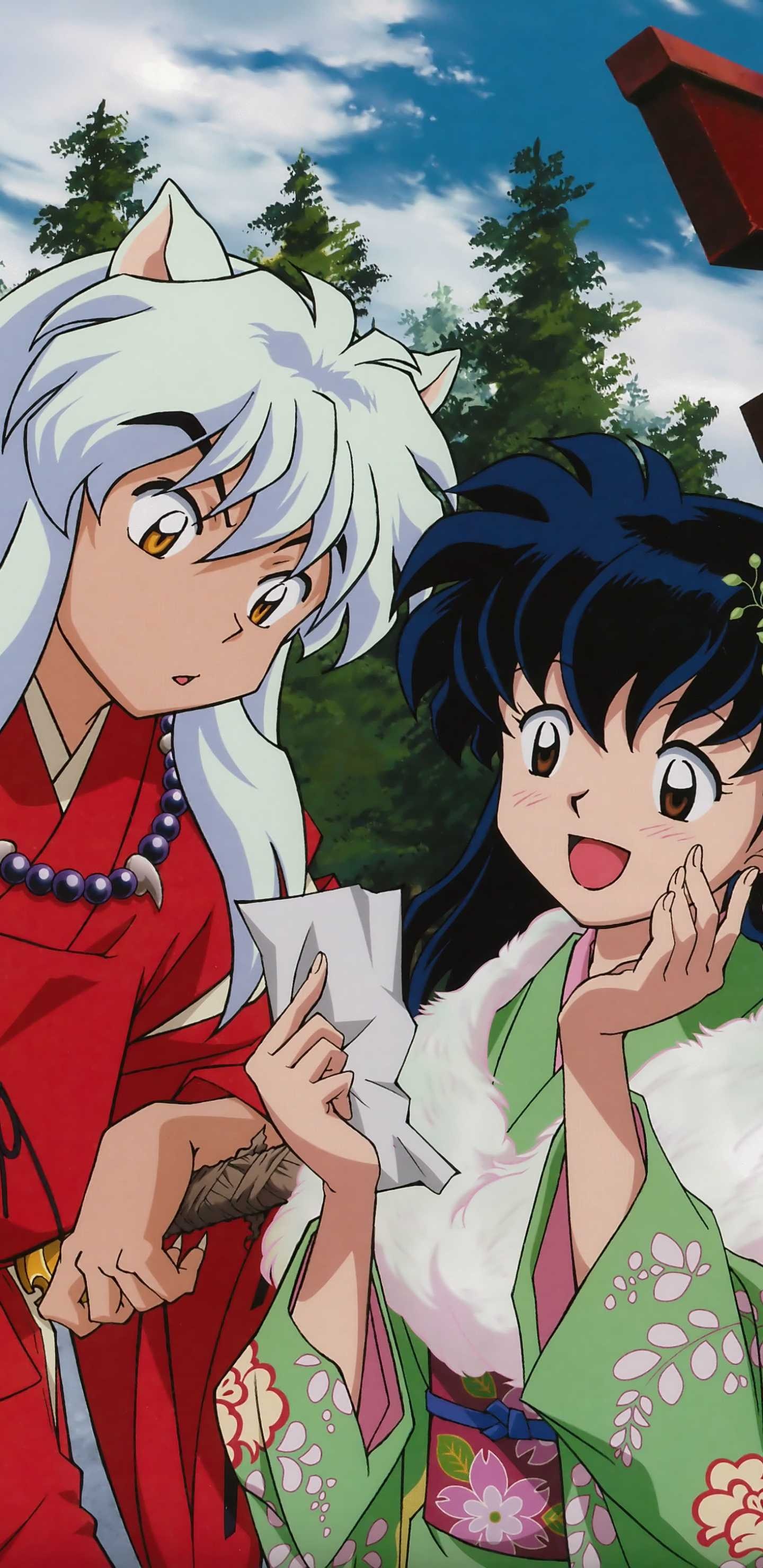 Inuyasha, Kagome Higurashi, Red and green kimono, Shrine torii forest Inuyasha, Kagome Higurashi, Red and green kimono, Shrine torii forest — 1440×2960 HD wallpaper