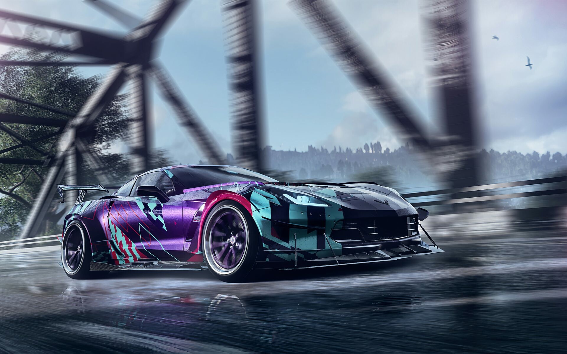 Corvette C7 widebody, Purple camo livery, Steel truss bridge Corvette C7 widebody, Purple camo livery, Steel truss bridge — 1920×1200 HD wallpaper