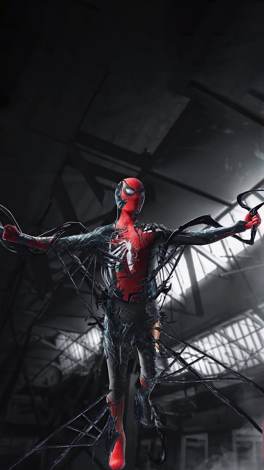 Peter Parker symbiote takeover, Web-like black tendrils, Grayscale warehouse rafters Peter Parker symbiote takeover, Web-like black tendrils, Grayscale warehouse rafters — 1080×1920 HD wallpaper