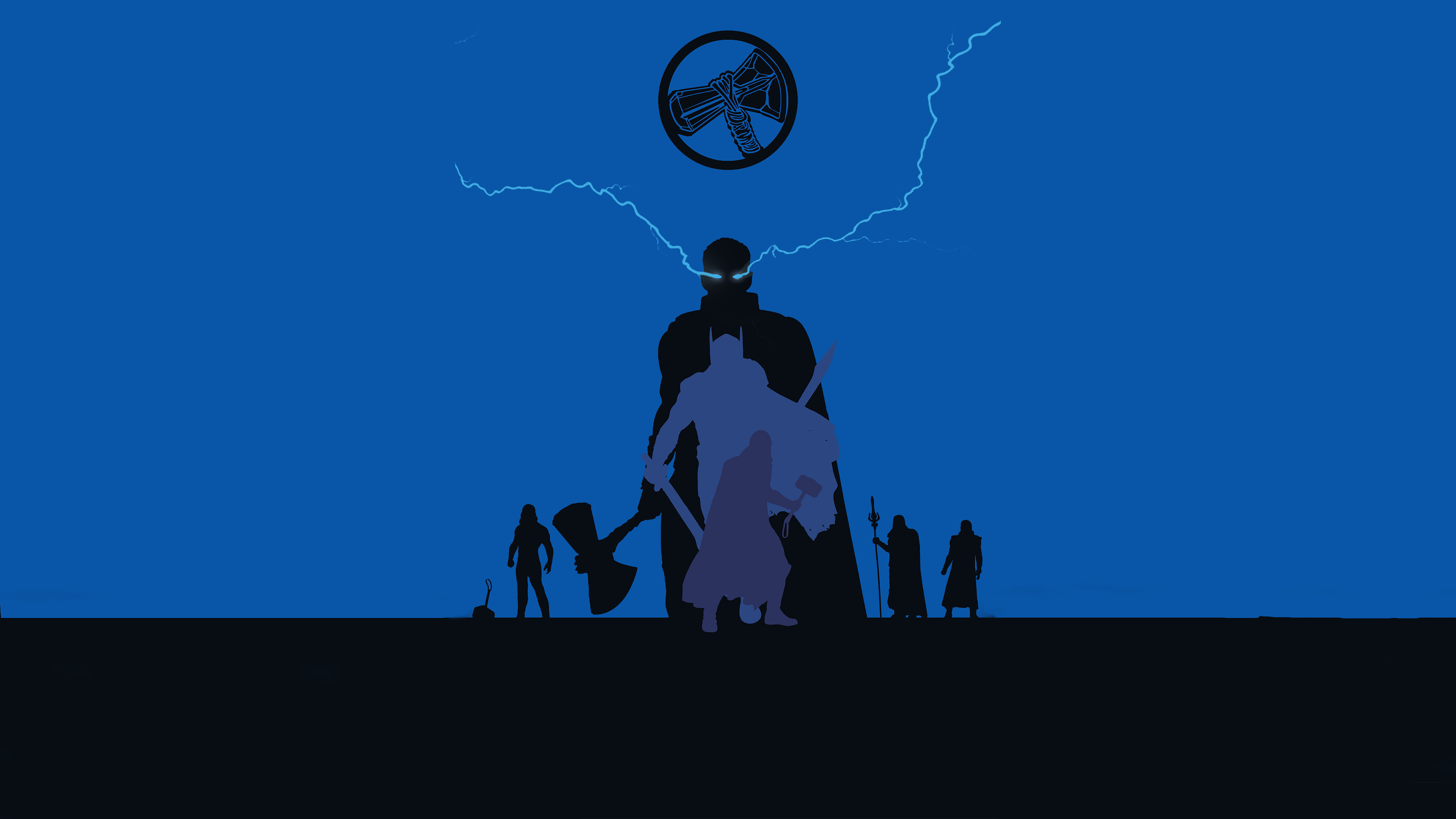 Thor silhouette, Stormbreaker axe emblem, Blue lightning bolts, Asgardian warriors Thor silhouette, Stormbreaker axe emblem, Blue lightning bolts, Asgardian warriors — 3840×2160 HD wallpaper
