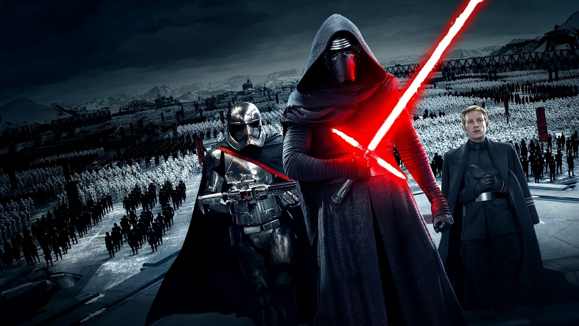 Kylo Ren, Captain Phasma, General Hux (Domhnall Gleeson), First Order army, The Force Awakens, Starkiller Base Kylo Ren, Captain Phasma, General Hux (Domhnall Gleeson), First Order army, The Force Awakens, Starkiller Base — 1920×1080 HD wallpaper
