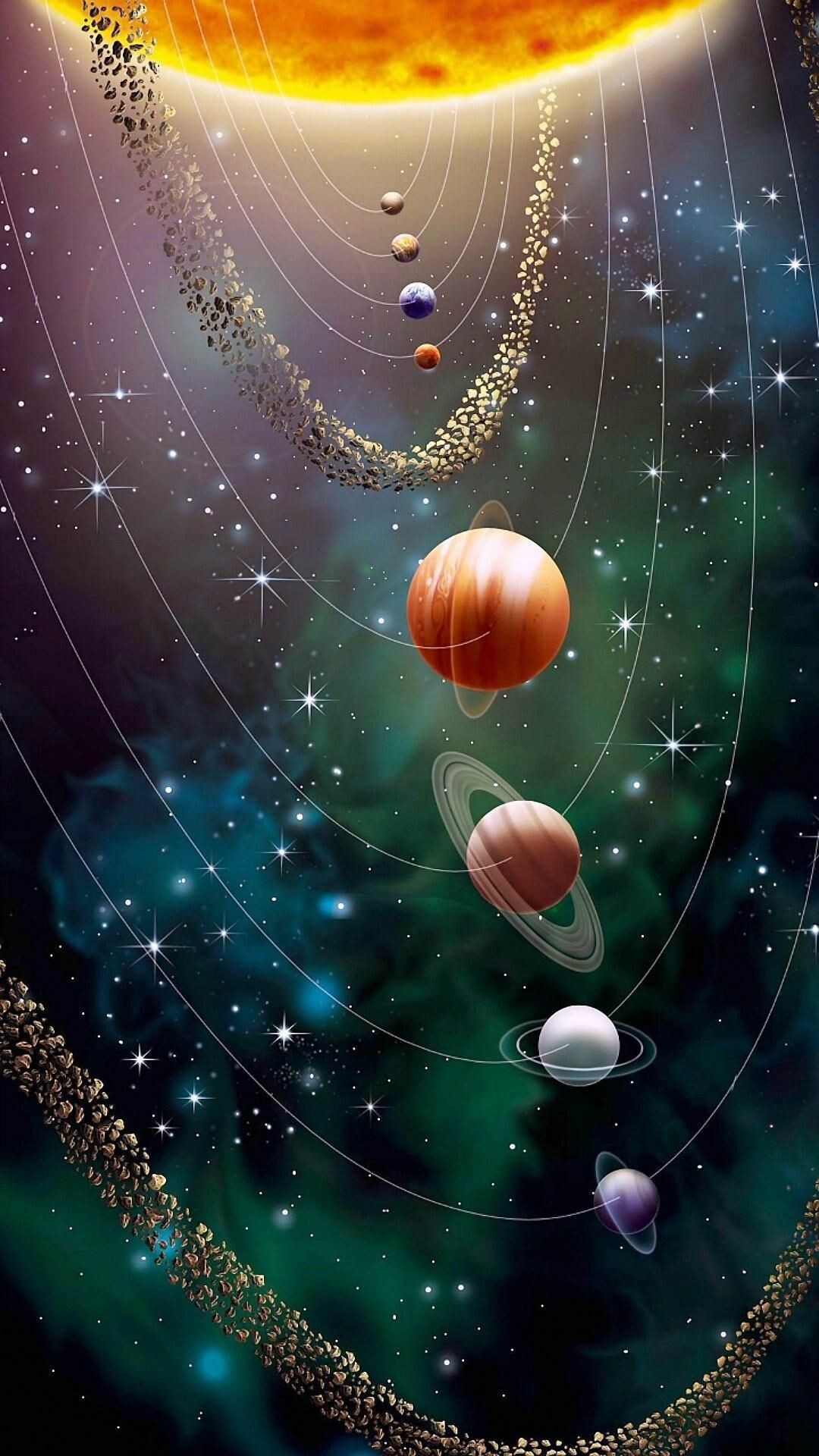 Sun and aligned planets, Asteroid belt orbits, Starry green nebula Sun and aligned planets, Asteroid belt orbits, Starry green nebula — 1080×1920 HD wallpaper