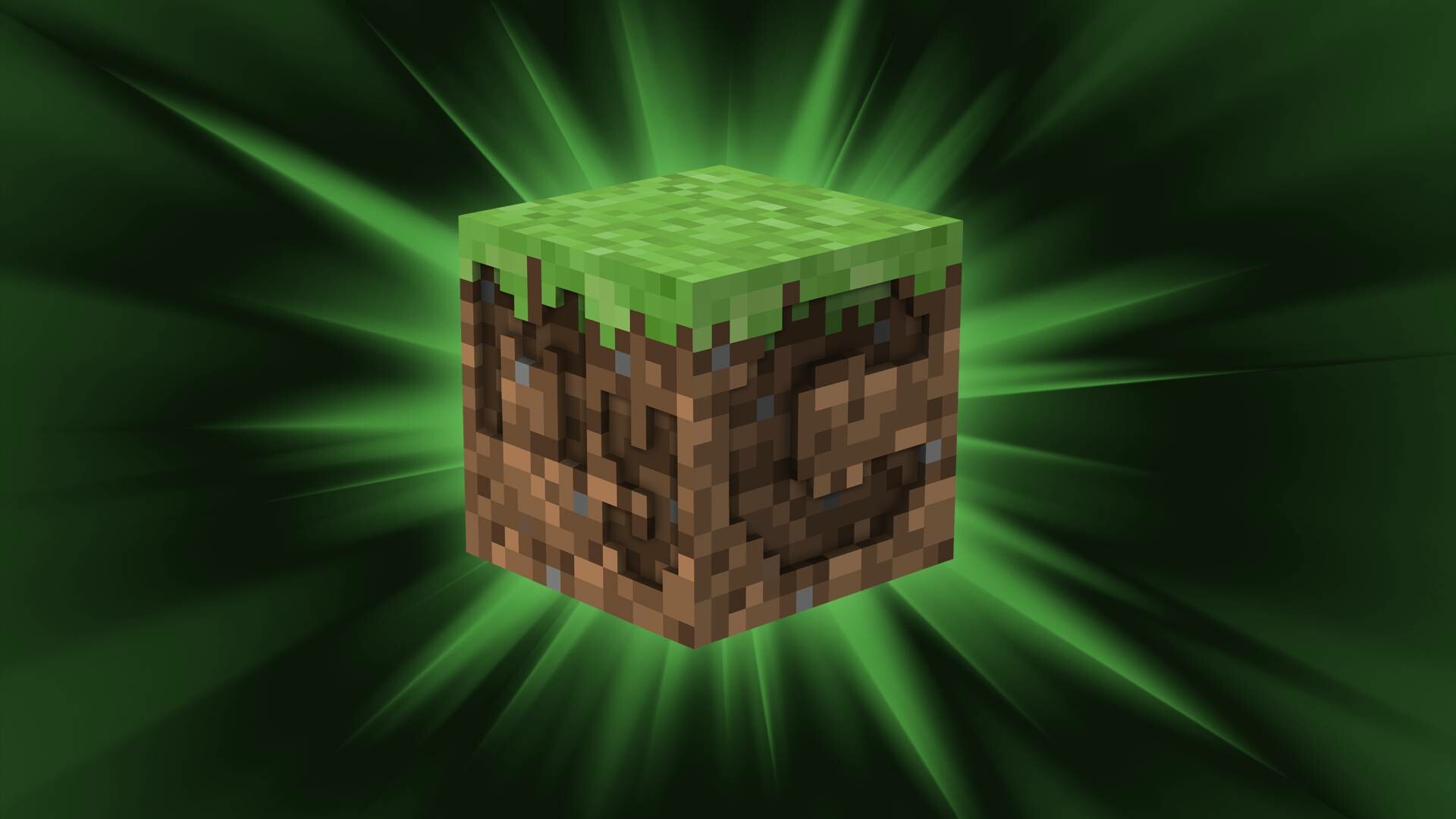 Grass block icon, Green burst rays, Pixelated dirt sides Grass block icon, Green burst rays, Pixelated dirt sides — 1920×1080 HD wallpaper