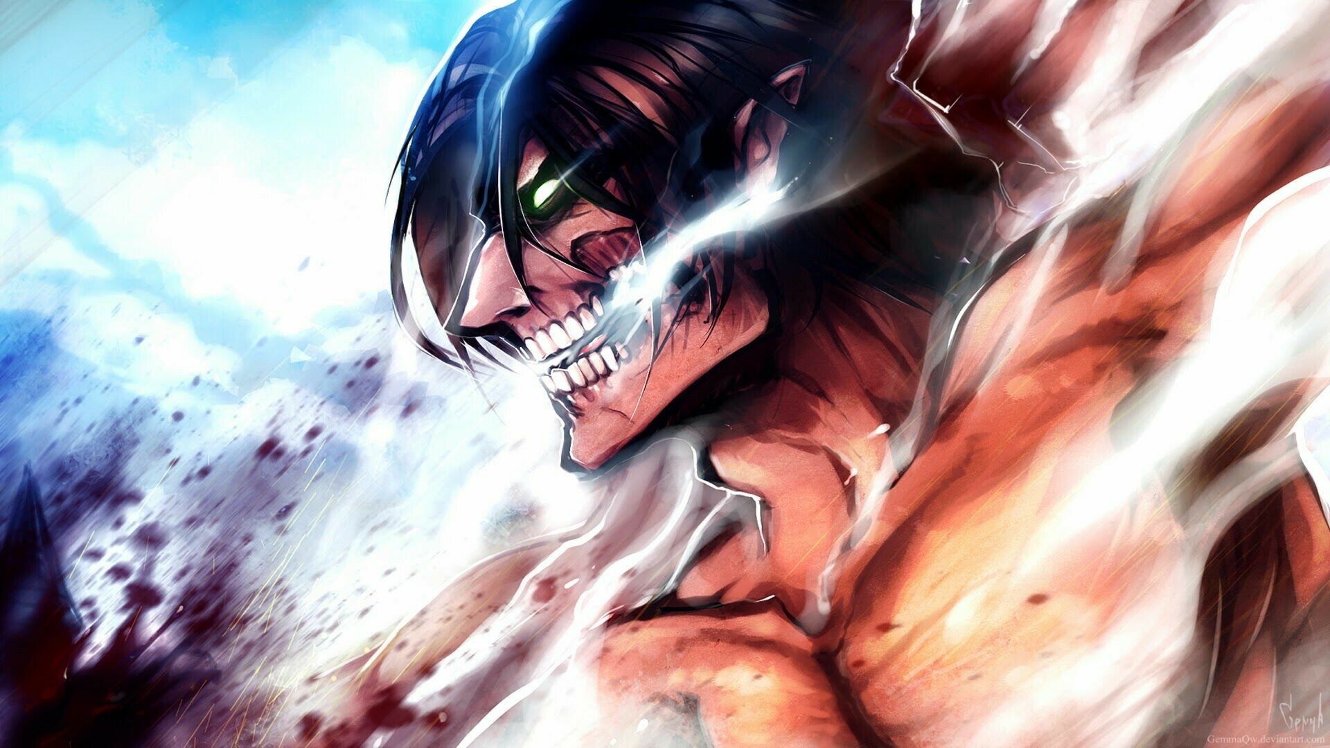 Eren Attack Titan, Roaring titan face, Blue sky Eren Attack Titan, Roaring titan face, Blue sky — 1920×1080 HD wallpaper
