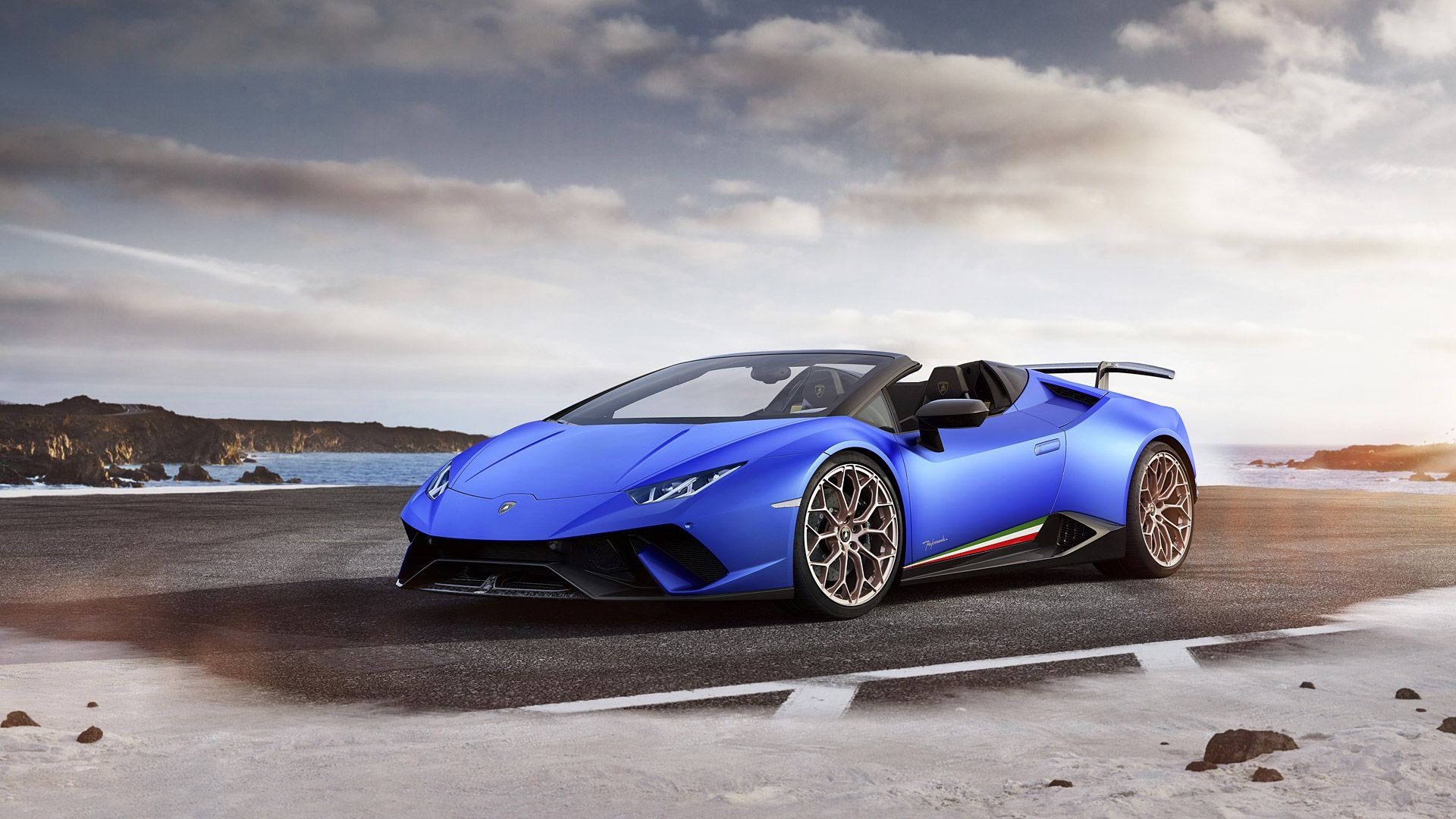 Lamborghini Huracan Performante Spyder, Blue convertible, Coastal cliff road Lamborghini Huracan Performante Spyder, Blue convertible, Coastal cliff road — 1920×1080 HD wallpaper