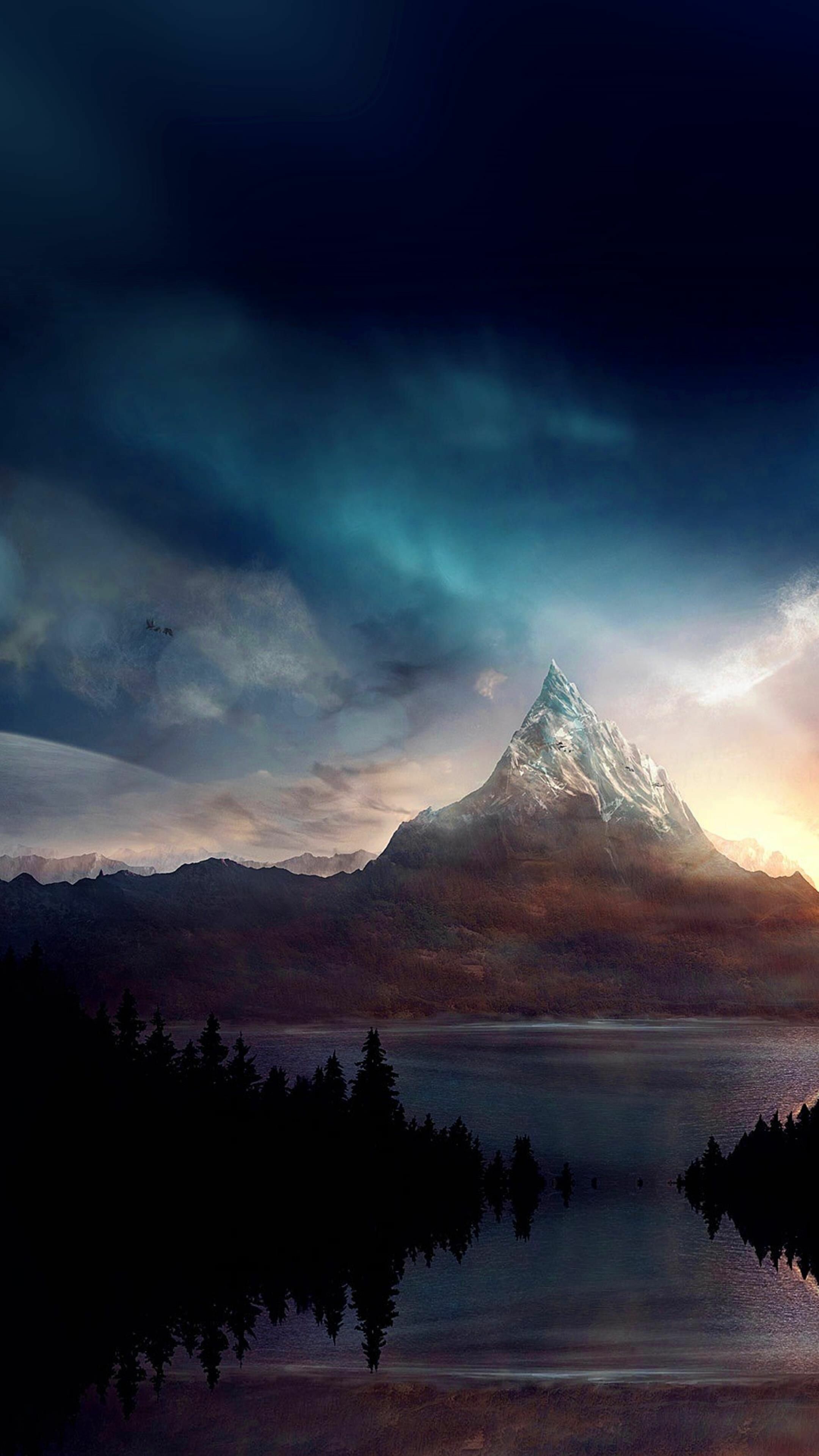 Lonely Mountain Erebor, Smaug silhouette flying, Pine forest lake Lonely Mountain Erebor, Smaug silhouette flying, Pine forest lake — 2160×3840 HD wallpaper
