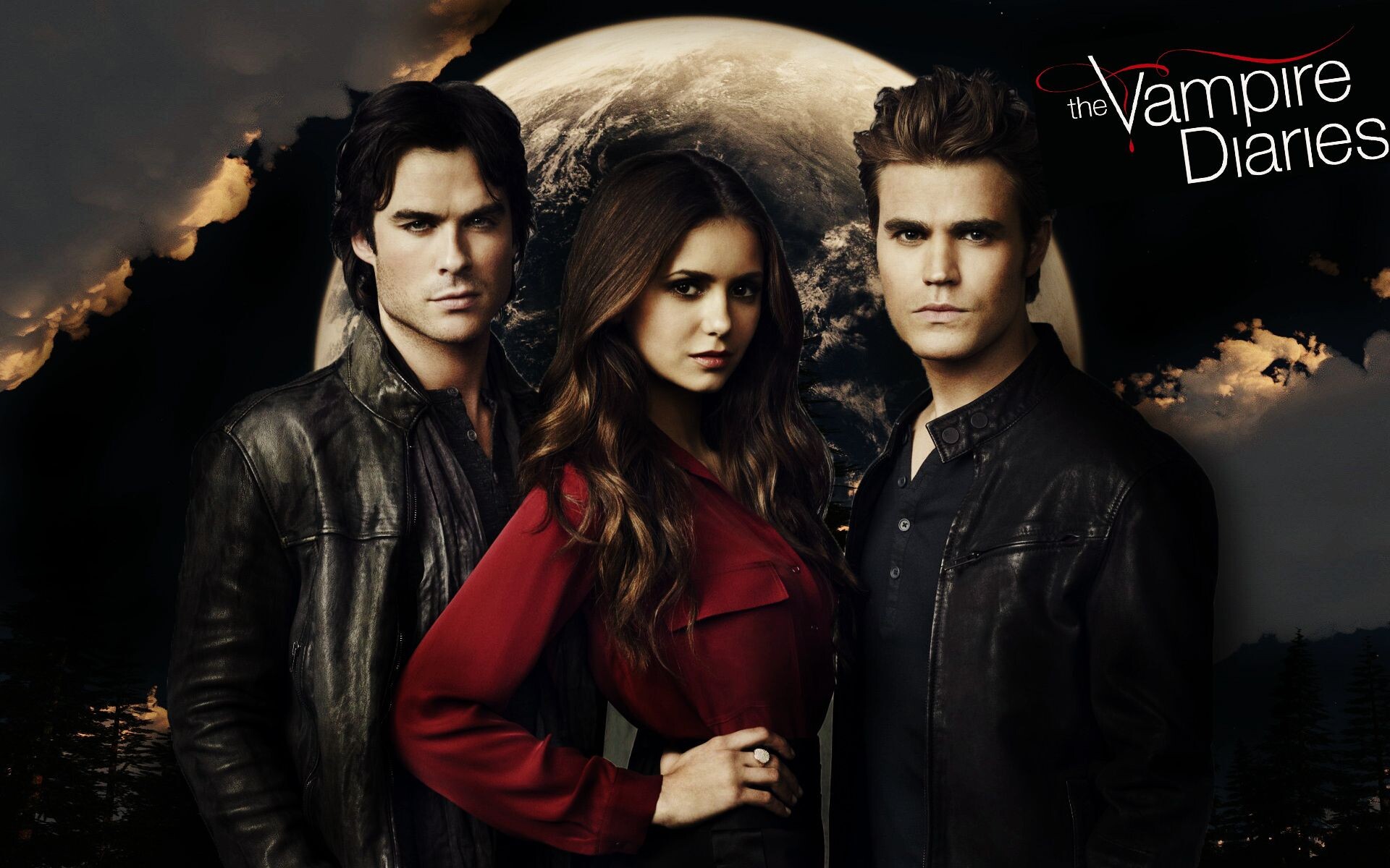 Damon Salvatore, Elena Gilbert, Stefan Salvatore, The Vampire Diaries logo, Full moon Damon Salvatore, Elena Gilbert, Stefan Salvatore, The Vampire Diaries logo, Full moon — 1920×1200 HD wallpaper