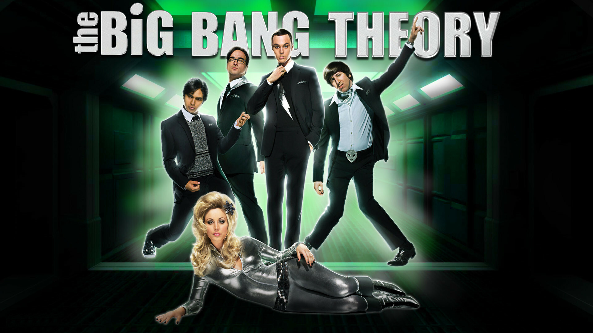 The Big Bang Theory logo, Sheldon Leonard Howard Raj, Penny in catsuit, Green corridor lighting The Big Bang Theory logo, Sheldon Leonard Howard Raj, Penny in catsuit, Green corridor lighting — 1920×1080 HD wallpaper