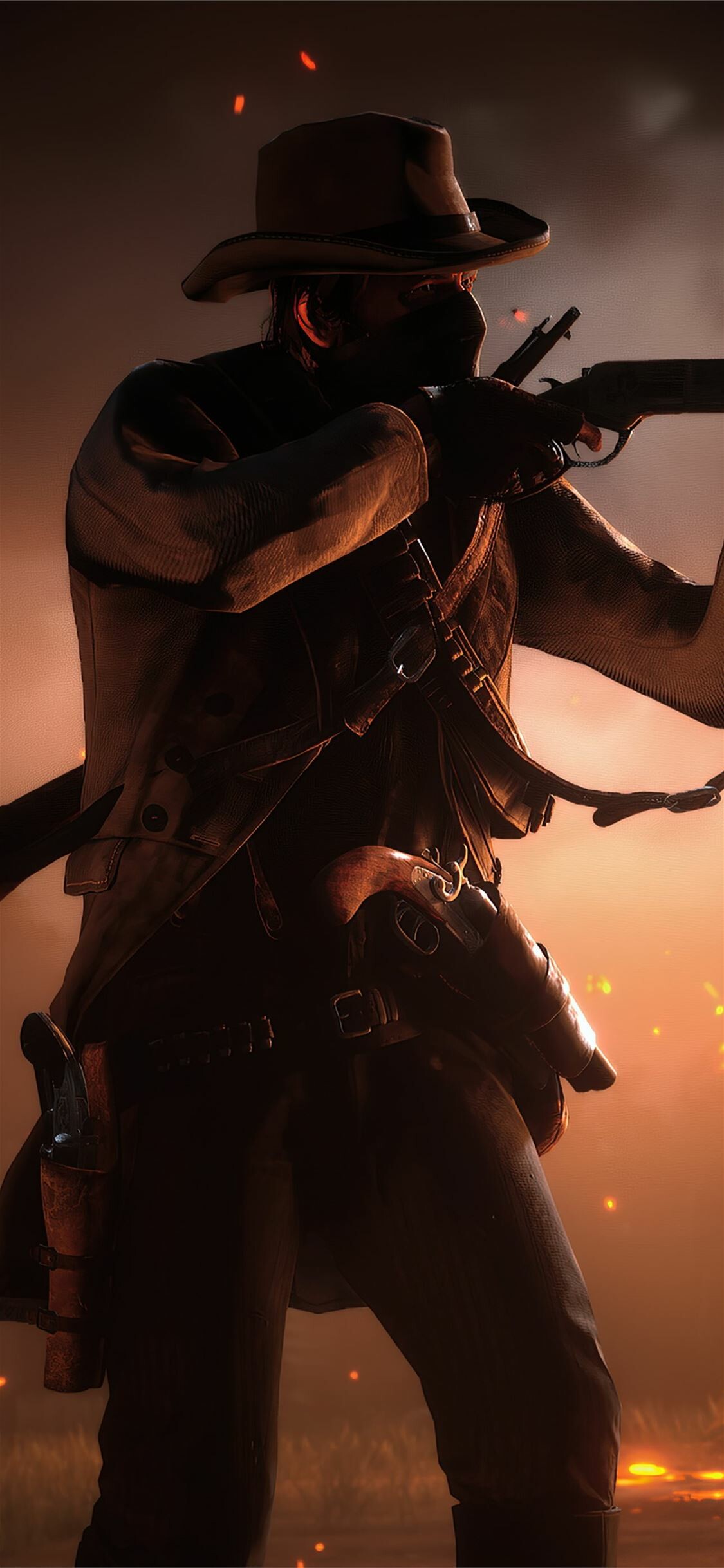 Masked gunslinger aiming rifle, Red Dead Redemption 2 (2018), Holstered revolver Masked gunslinger aiming rifle, Red Dead Redemption 2 (2018), Holstered revolver — 1125×2436 HD wallpaper