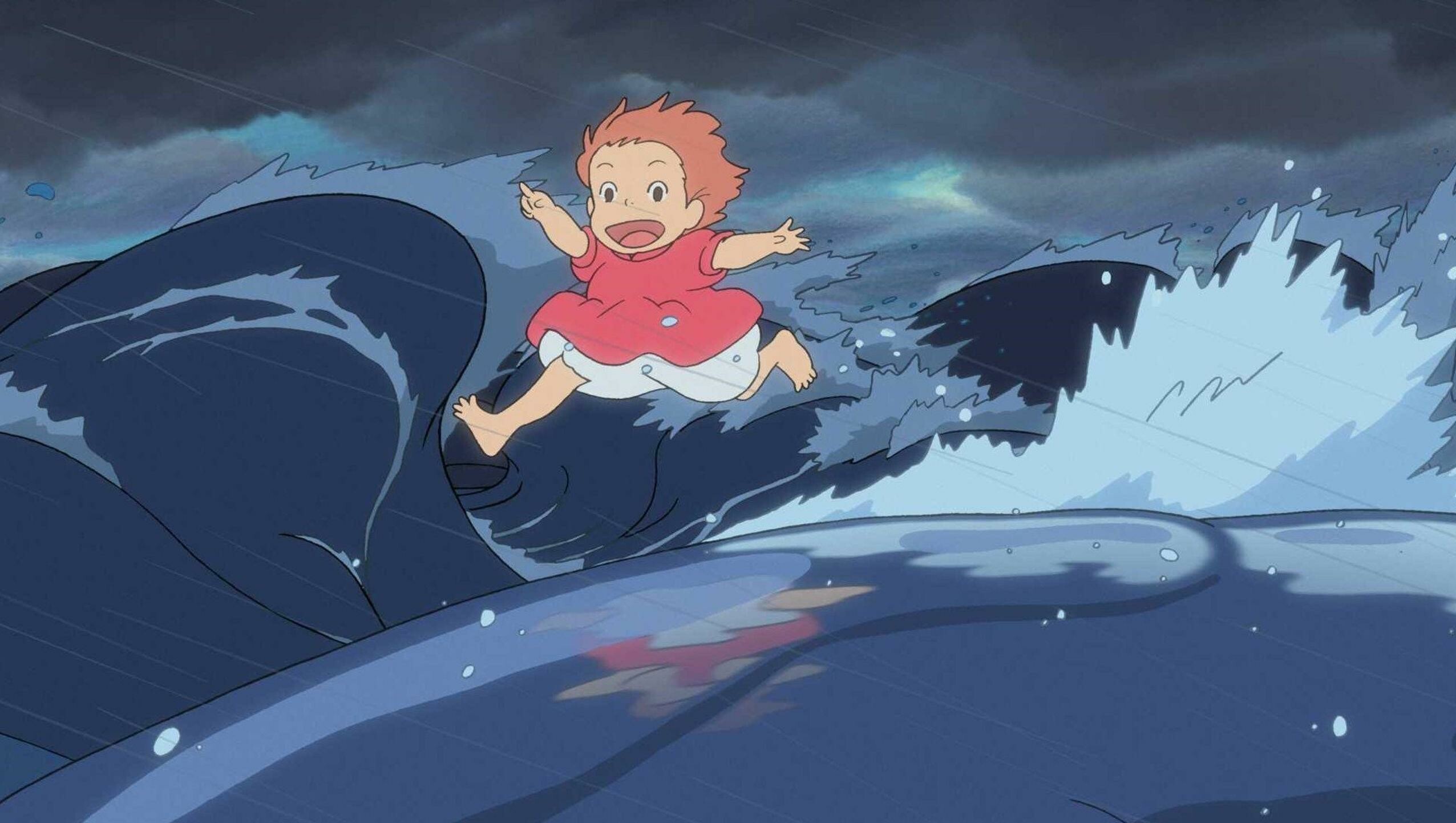 Ponyo running on waves, Fish-shaped storm waves, Dark stormy sea Ponyo running on waves, Fish-shaped storm waves, Dark stormy sea — 2552×1442 HD wallpaper
