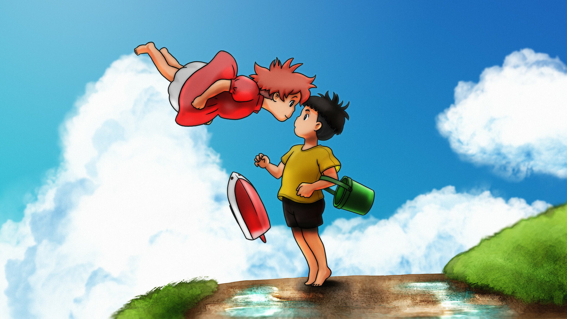Ponyo and Sosuke, Floating kiss, Sunny blue sky Ponyo and Sosuke, Floating kiss, Sunny blue sky — 1920×1080 HD wallpaper