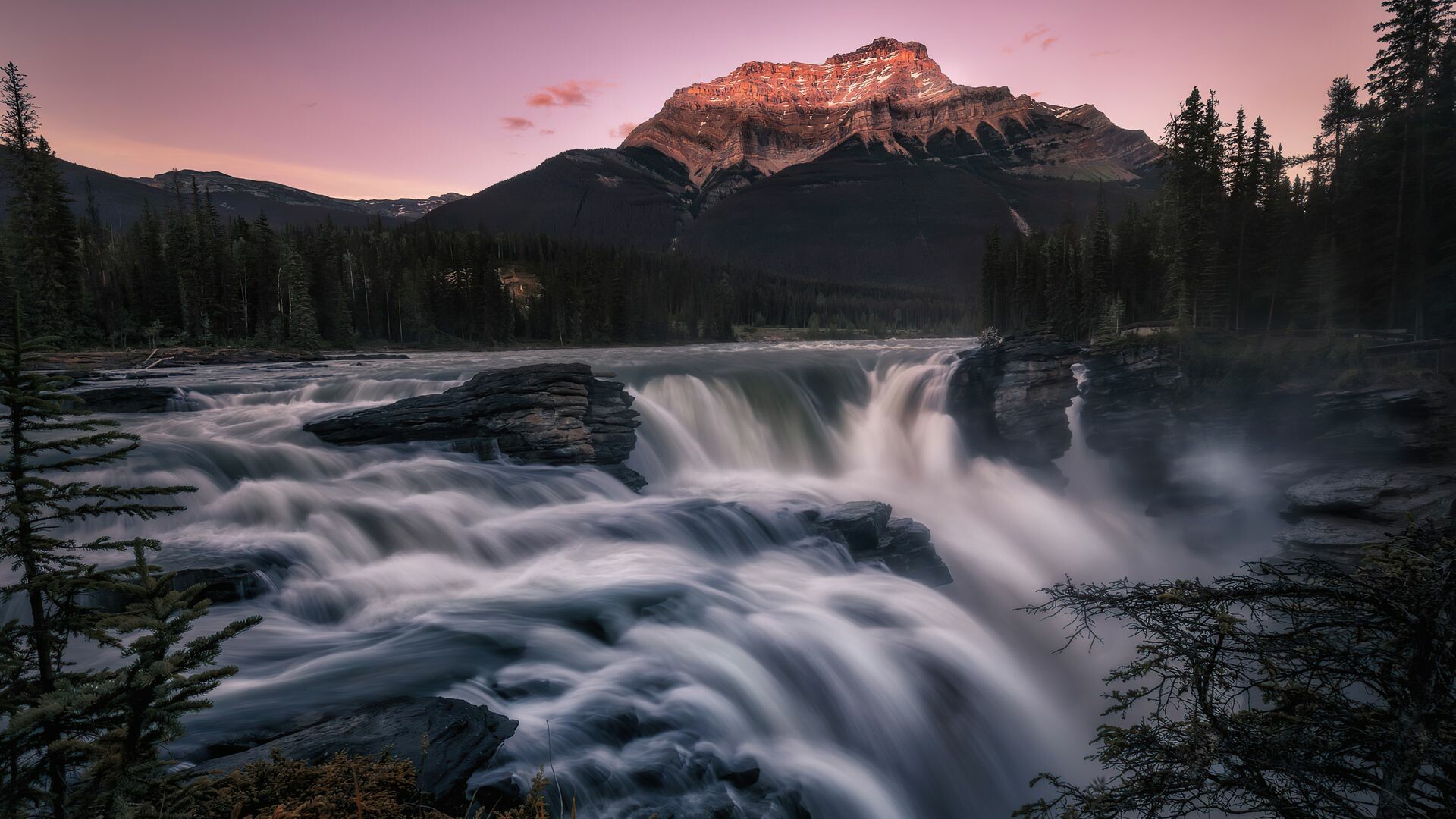 Athabasca Falls Jasper, Mount Kerkeslin peak, Pink sunset sky Athabasca Falls Jasper, Mount Kerkeslin peak, Pink sunset sky — 1920×1080 HD wallpaper