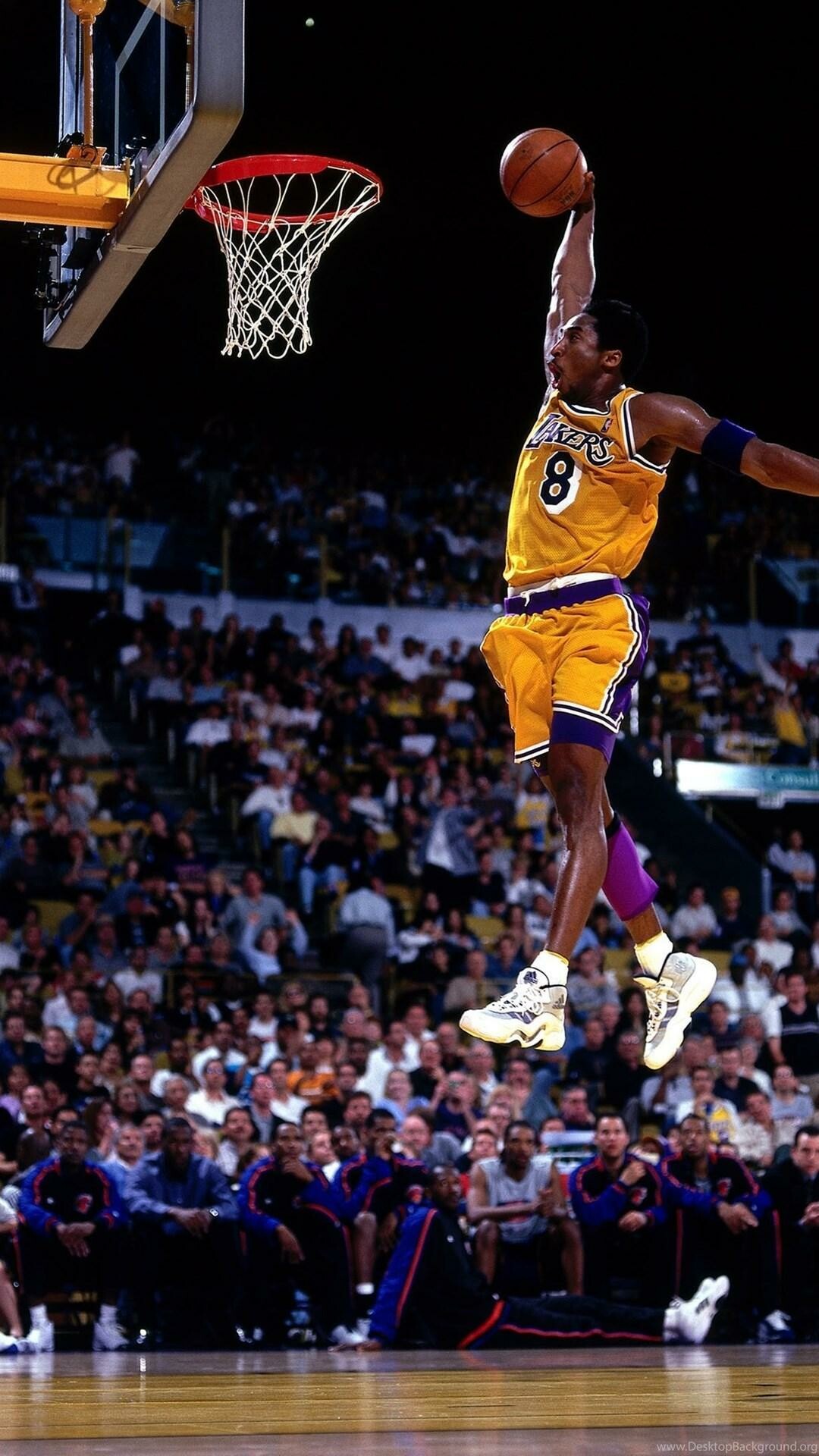 Kobe Bryant #8 dunk, Los Angeles Lakers jersey, Basketball hoop rim, Arena crowd Kobe Bryant #8 dunk, Los Angeles Lakers jersey, Basketball hoop rim, Arena crowd — 1080×1920 HD wallpaper