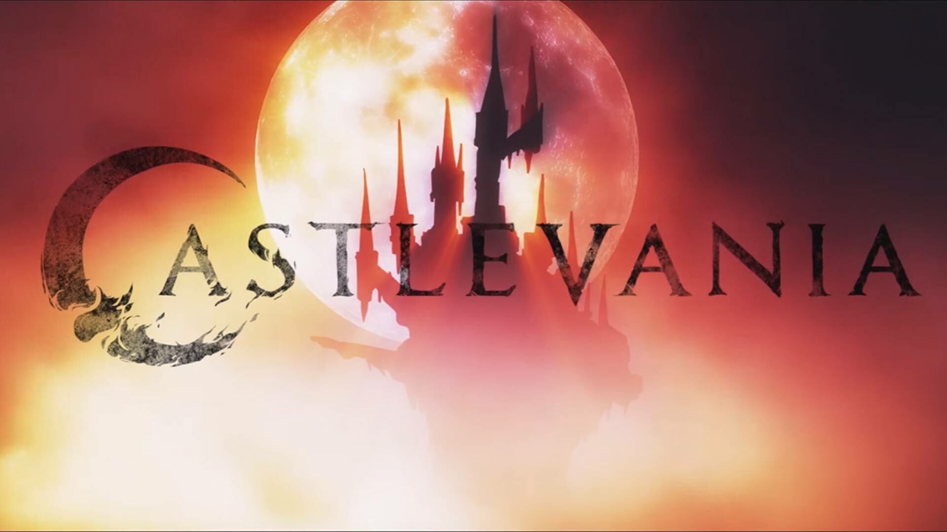 Castlevania logo, Dracula's castle silhouette, Blood moon Castlevania logo, Dracula's castle silhouette, Blood moon — 1920×1080 HD wallpaper
