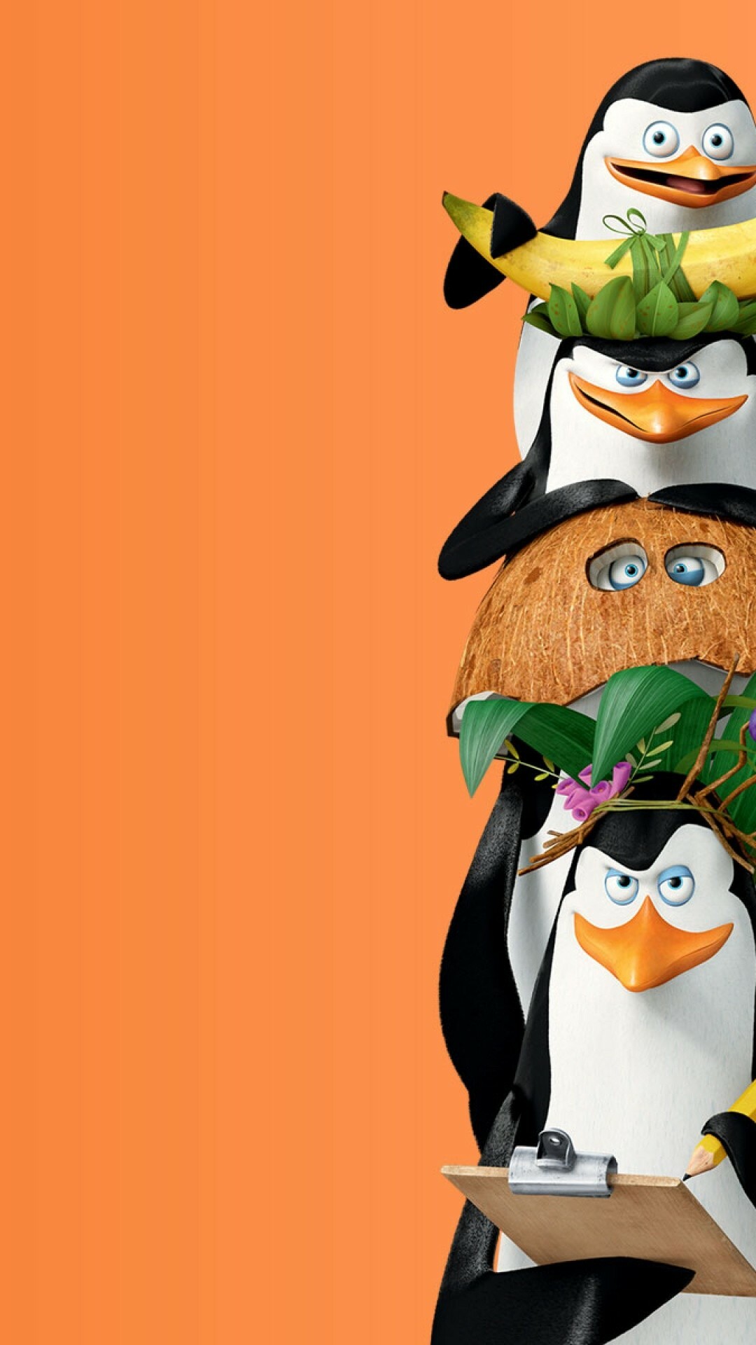 Penguins of Madagascar, Stacked penguin totem, Banana coconut props, Orange background Penguins of Madagascar, Stacked penguin totem, Banana coconut props, Orange background — 1080×1920 HD wallpaper
