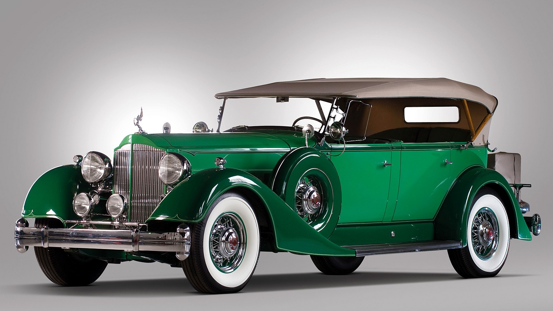 1934 Packard Twelve Phaeton, Green vintage convertible, Whitewall tires chrome grille 1934 Packard Twelve Phaeton, Green vintage convertible, Whitewall tires chrome grille — 1920×1080 HD wallpaper