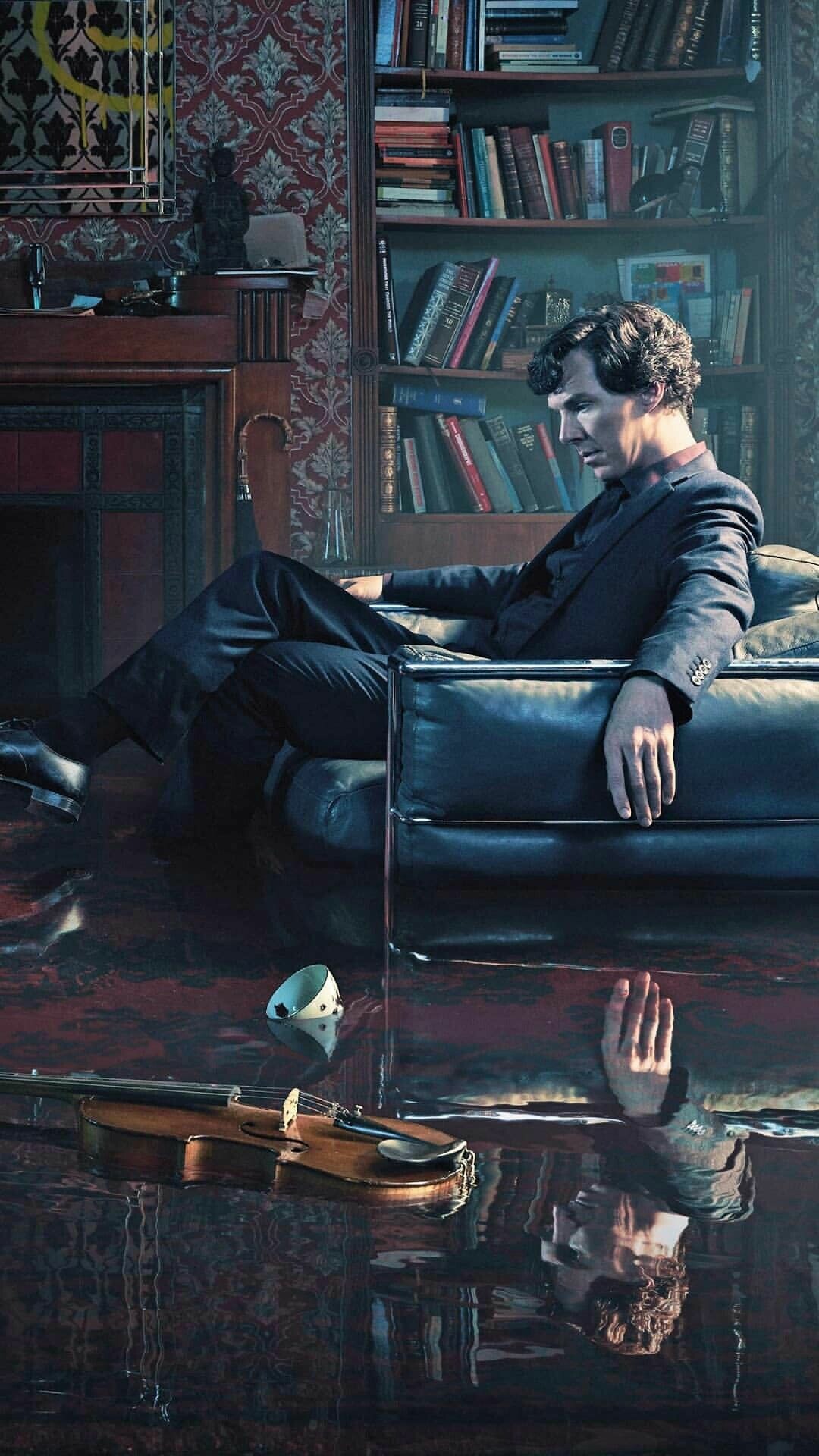 Sherlock Holmes Benedict Cumberbatch, 221B Baker Street interior, Violin on floor, Black leather sofa Sherlock Holmes Benedict Cumberbatch, 221B Baker Street interior, Violin on floor, Black leather sofa — 1080×1920 HD wallpaper