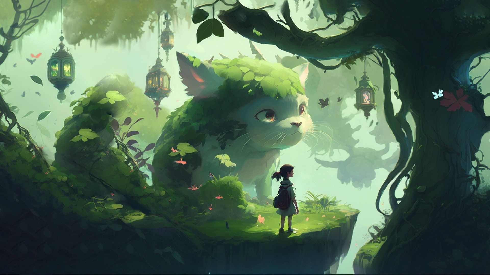 Giant moss-covered cat spirit, Girl with backpack, Hanging forest lanterns Giant moss-covered cat spirit, Girl with backpack, Hanging forest lanterns — 1920×1080 HD wallpaper