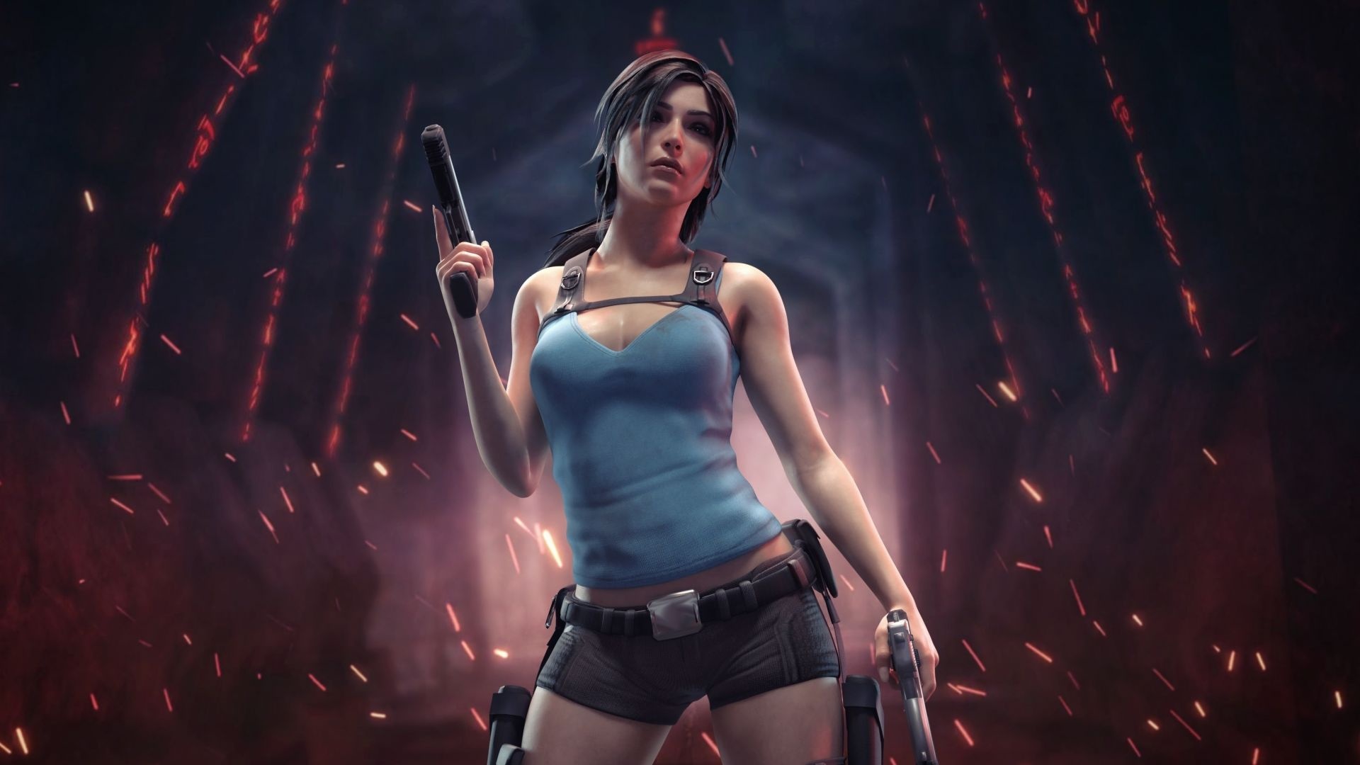 Lara Croft, Dual pistols, Blue tank top, Ember-lit tomb corridor Lara Croft, Dual pistols, Blue tank top, Ember-lit tomb corridor — 1920×1080 HD wallpaper