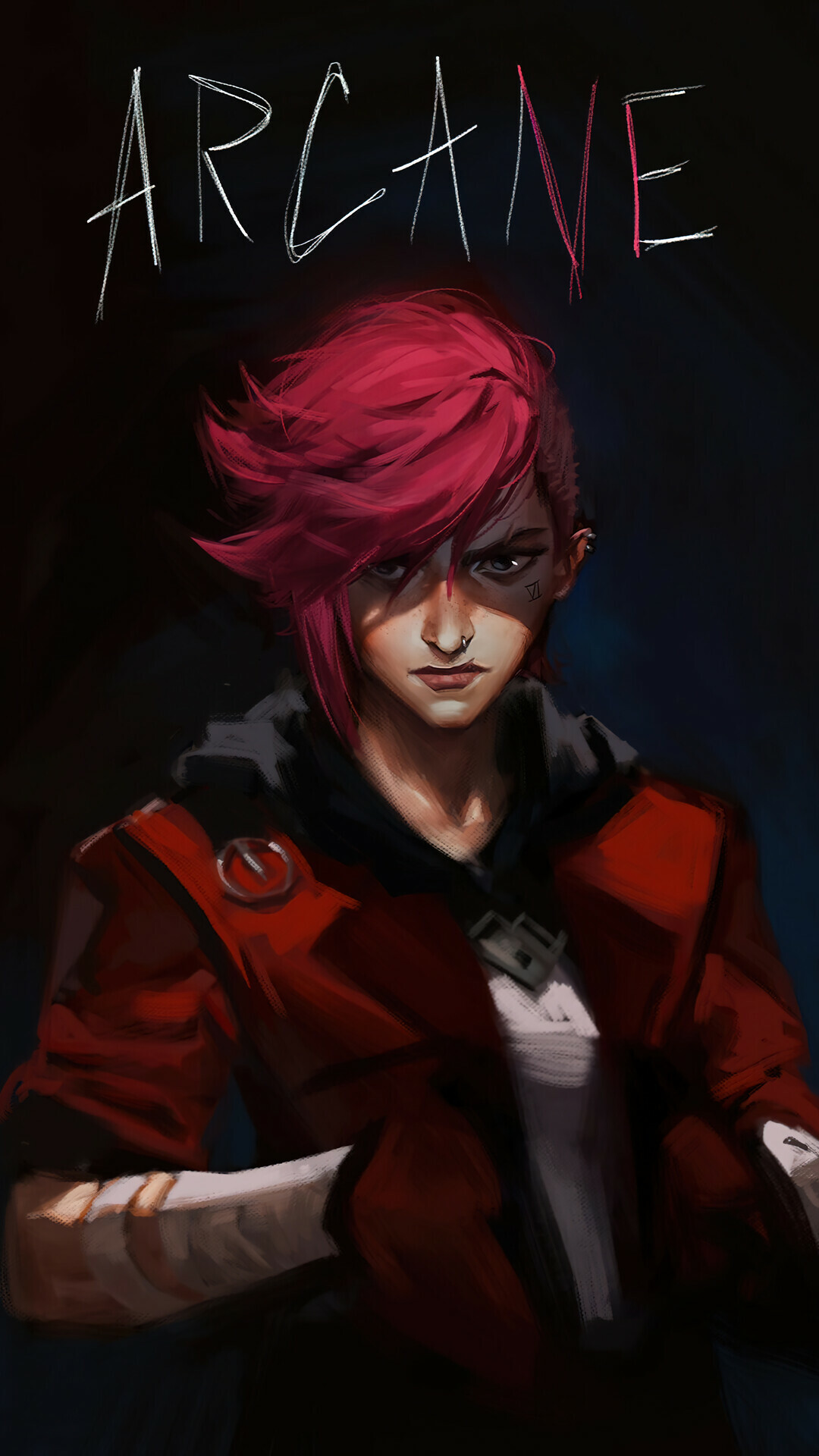Vi painted portrait, Red jacket, Arcane (2021) title lettering Vi painted portrait, Red jacket, Arcane (2021) title lettering — 1080×1920 HD wallpaper