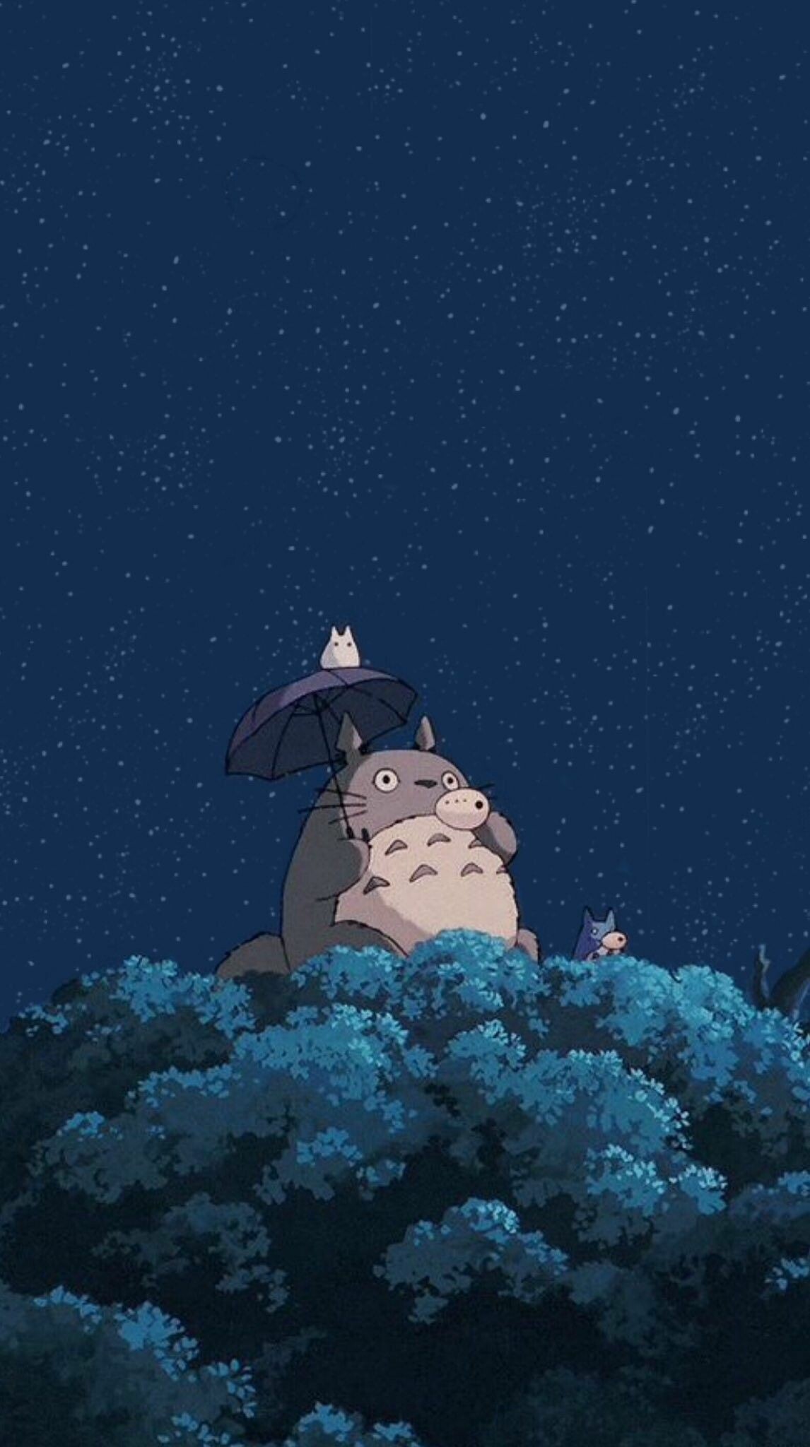 Totoro holding umbrella, White Chibi and blue Chu-Totoro, Starry night sky, Blue foliage Totoro holding umbrella, White Chibi and blue Chu-Totoro, Starry night sky, Blue foliage — 1146×2048 HD wallpaper