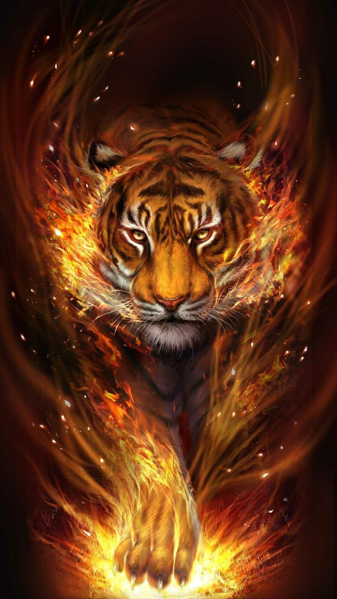 Fantasy fire tiger, Flame-wreathed prowling, Orange fiery dark Fantasy fire tiger, Flame-wreathed prowling, Orange fiery dark — 1080×1920 HD wallpaper