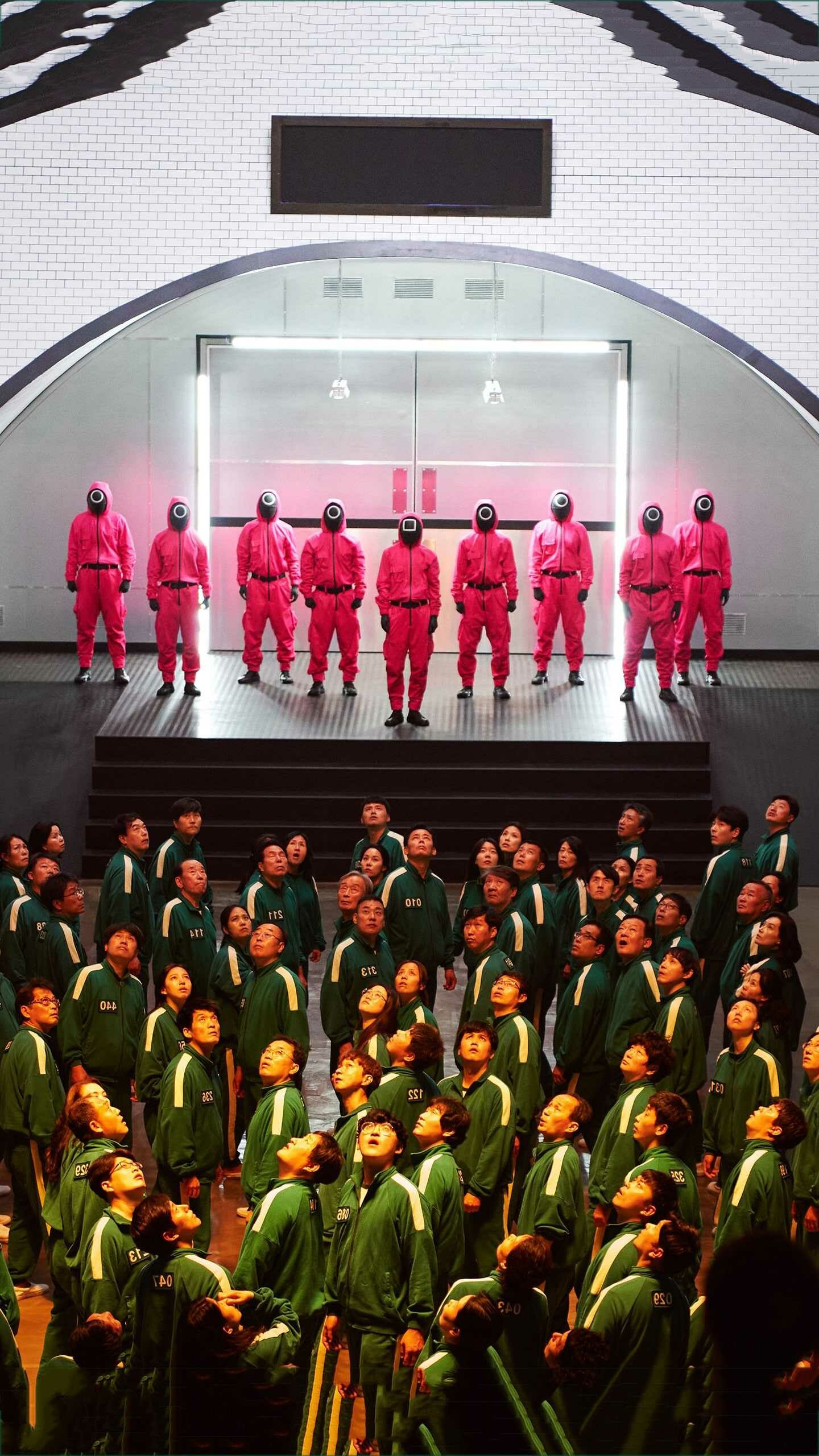 Pink masked guards lineup, Green tracksuit players crowd, Arena stage lights Pink masked guards lineup, Green tracksuit players crowd, Arena stage lights — 1440×2560 HD wallpaper