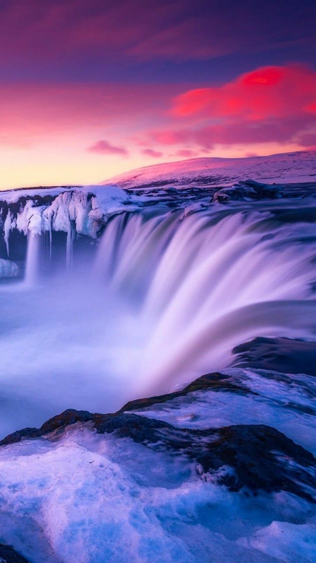 Godafoss waterfall Iceland, Pink sunset sky, Icy basalt cliffs Godafoss waterfall Iceland, Pink sunset sky, Icy basalt cliffs — 1080×1920 HD wallpaper
