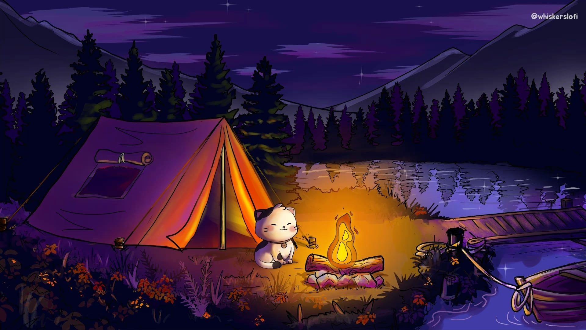 Cat roasting marshmallow, Purple tent lakeside, Night forest mountains Cat roasting marshmallow, Purple tent lakeside, Night forest mountains — 1920×1080 HD wallpaper