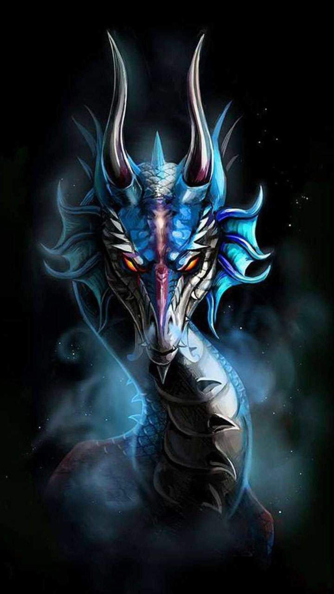 Blue horned dragon, Orange glowing eyes, Dark misty background Blue horned dragon, Orange glowing eyes, Dark misty background — 1080×1920 mobile wallpaper
