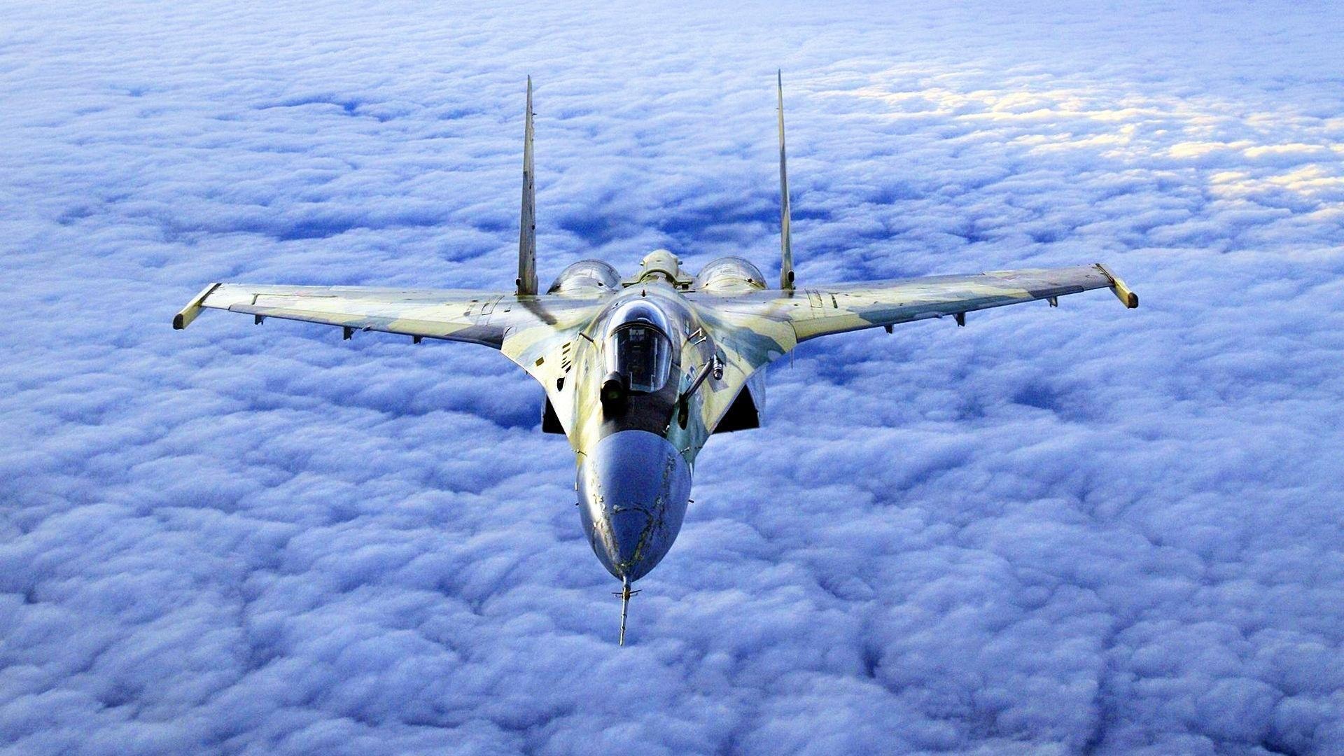 Sukhoi Su-35, Cloud layer altitude, Camouflage twin-tail jet Sukhoi Su-35, Cloud layer altitude, Camouflage twin-tail jet — 1920×1080 HD wallpaper