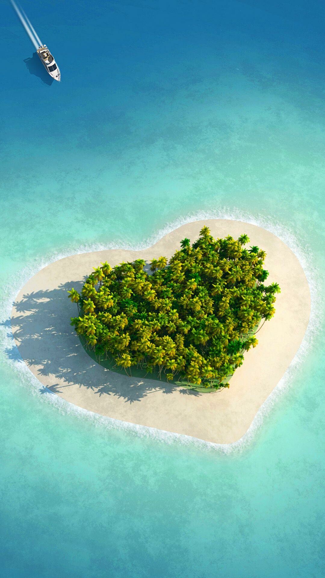 Heart-shaped tropical island, White yacht wake, Turquoise ocean aerial Heart-shaped tropical island, White yacht wake, Turquoise ocean aerial — 1080×1920 HD wallpaper