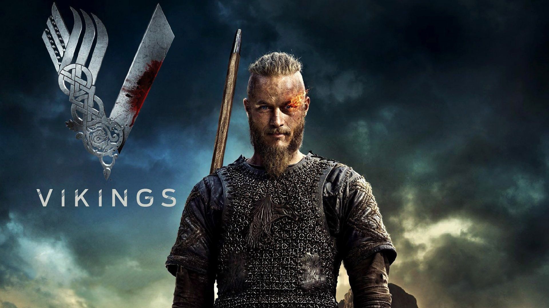 Ragnar Lothbrok spear, Bloodied Vikings logo, Stormy sky poster Ragnar Lothbrok spear, Bloodied Vikings logo, Stormy sky poster — 1920×1080 HD wallpaper