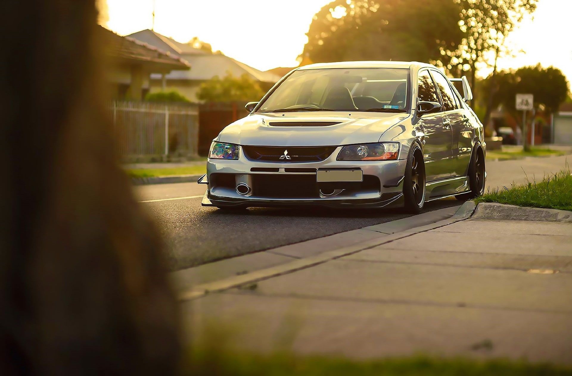 Mitsubishi Lancer Evo IX, Suburban street sunset, Silver sedan low stance Mitsubishi Lancer Evo IX, Suburban street sunset, Silver sedan low stance — 1920×1260 HD wallpaper
