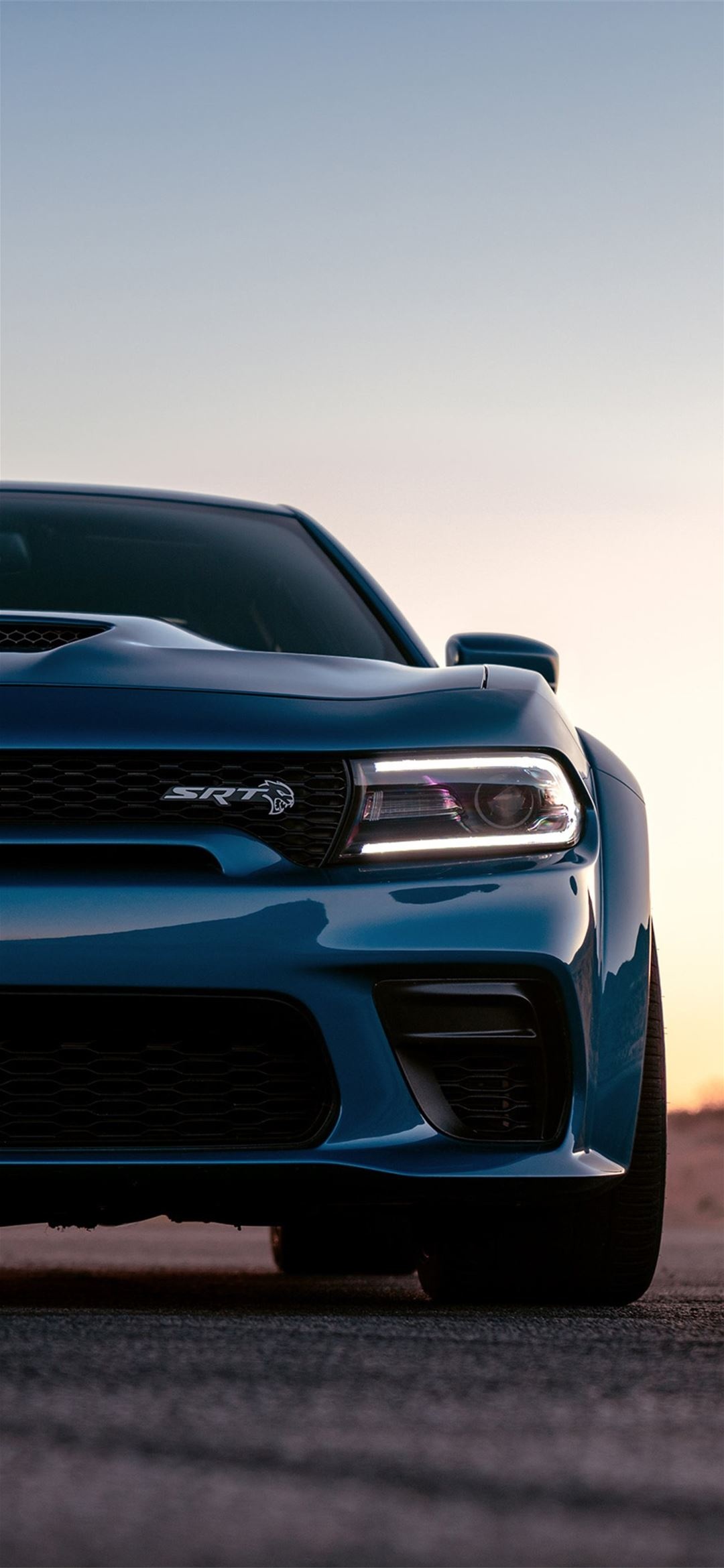 Dodge Charger SRT Hellcat, Blue muscle car front, Sunset desert horizon Dodge Charger SRT Hellcat, Blue muscle car front, Sunset desert horizon — 1080×2340 HD wallpaper