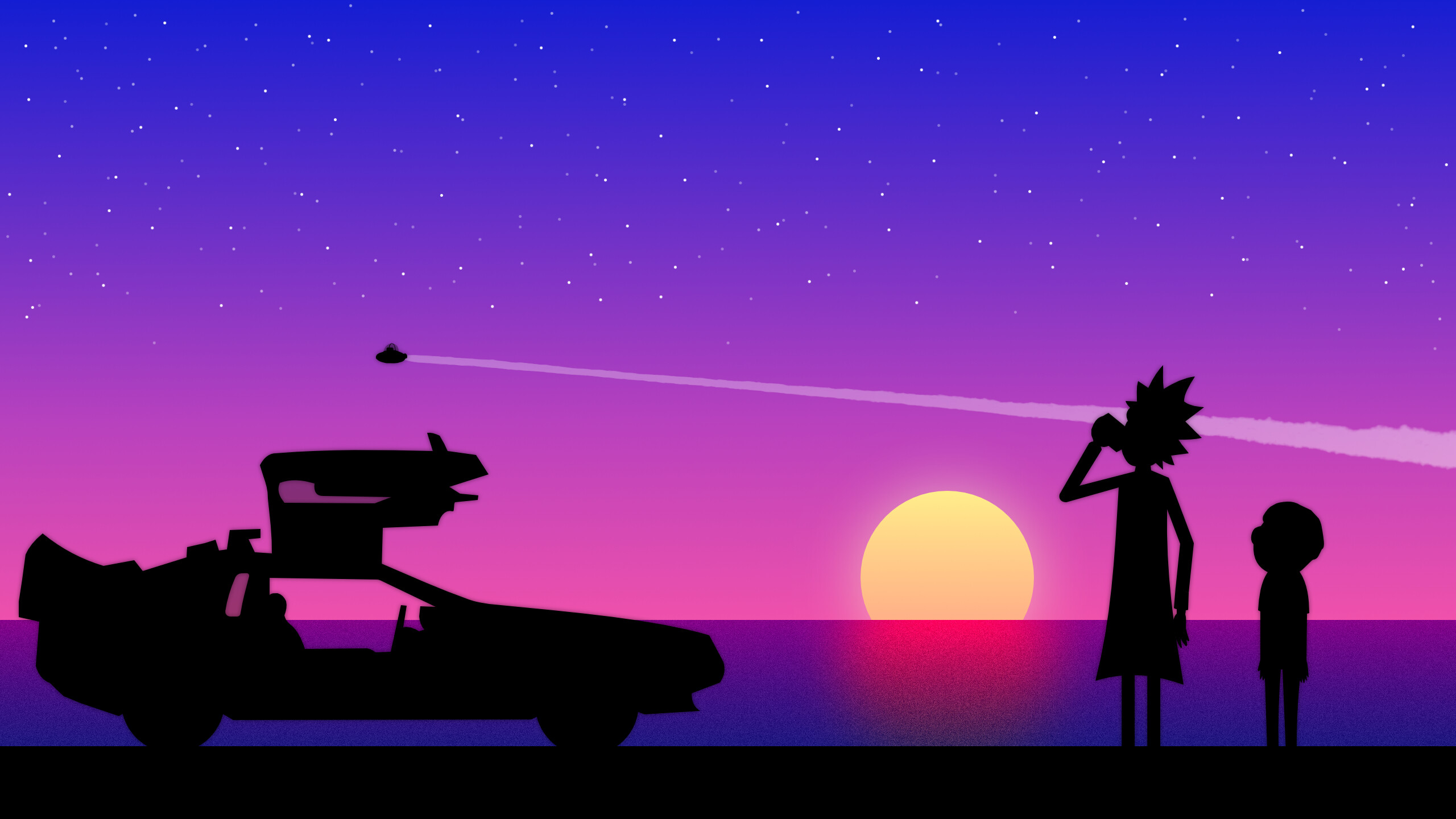 Rick Sanchez, Morty Smith, Spaceship cruiser, Purple sunset ocean Rick Sanchez, Morty Smith, Spaceship cruiser, Purple sunset ocean — 2560×1440 HD wallpaper