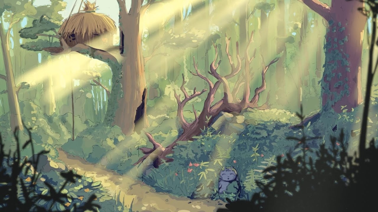 Thatched treehouse hut, Fallen antler branches, Sleeping cat clearing, Sunbeams through canopy Thatched treehouse hut, Fallen antler branches, Sleeping cat clearing, Sunbeams through canopy — 1280×720 HD wallpaper