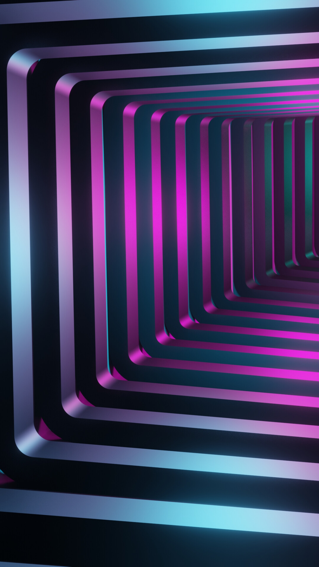 Neon square tunnel, Magenta and cyan glow, 3D metallic rings Neon square tunnel, Magenta and cyan glow, 3D metallic rings — 1080×1920 HD wallpaper