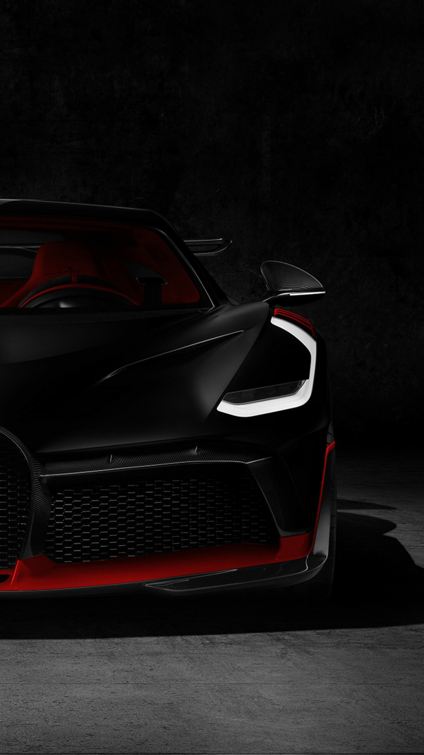 Bugatti Divo, Dark studio, Matte black red Bugatti Divo, Dark studio, Matte black red — 1440×2560 HD wallpaper