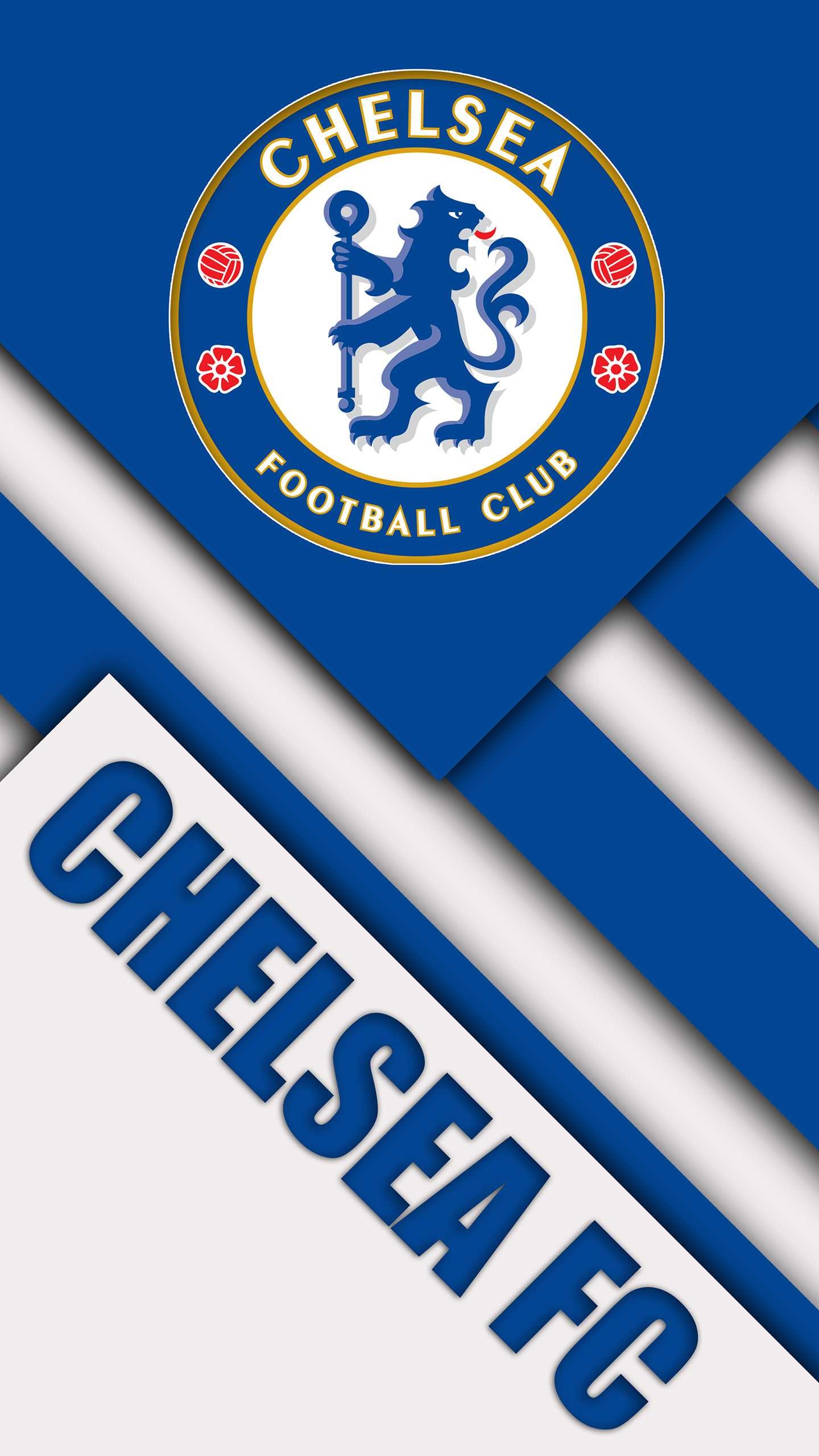 Chelsea FC crest, Chelsea FC lettering, Blue-white geometric layers Chelsea FC crest, Chelsea FC lettering, Blue-white geometric layers — 1440×2560 HD wallpaper