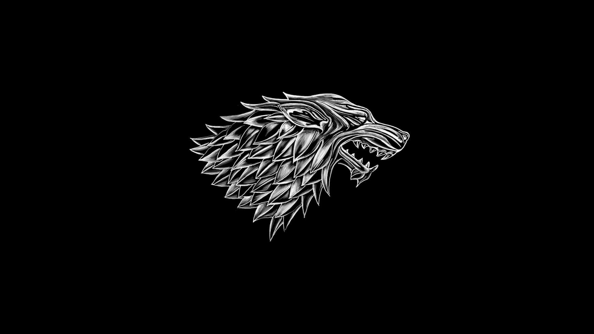 House Stark snarling direwolf sigil, Black minimalistic backdrop, Winterfell House Stark snarling direwolf sigil, Black minimalistic backdrop, Winterfell — 1920×1080 HD wallpaper